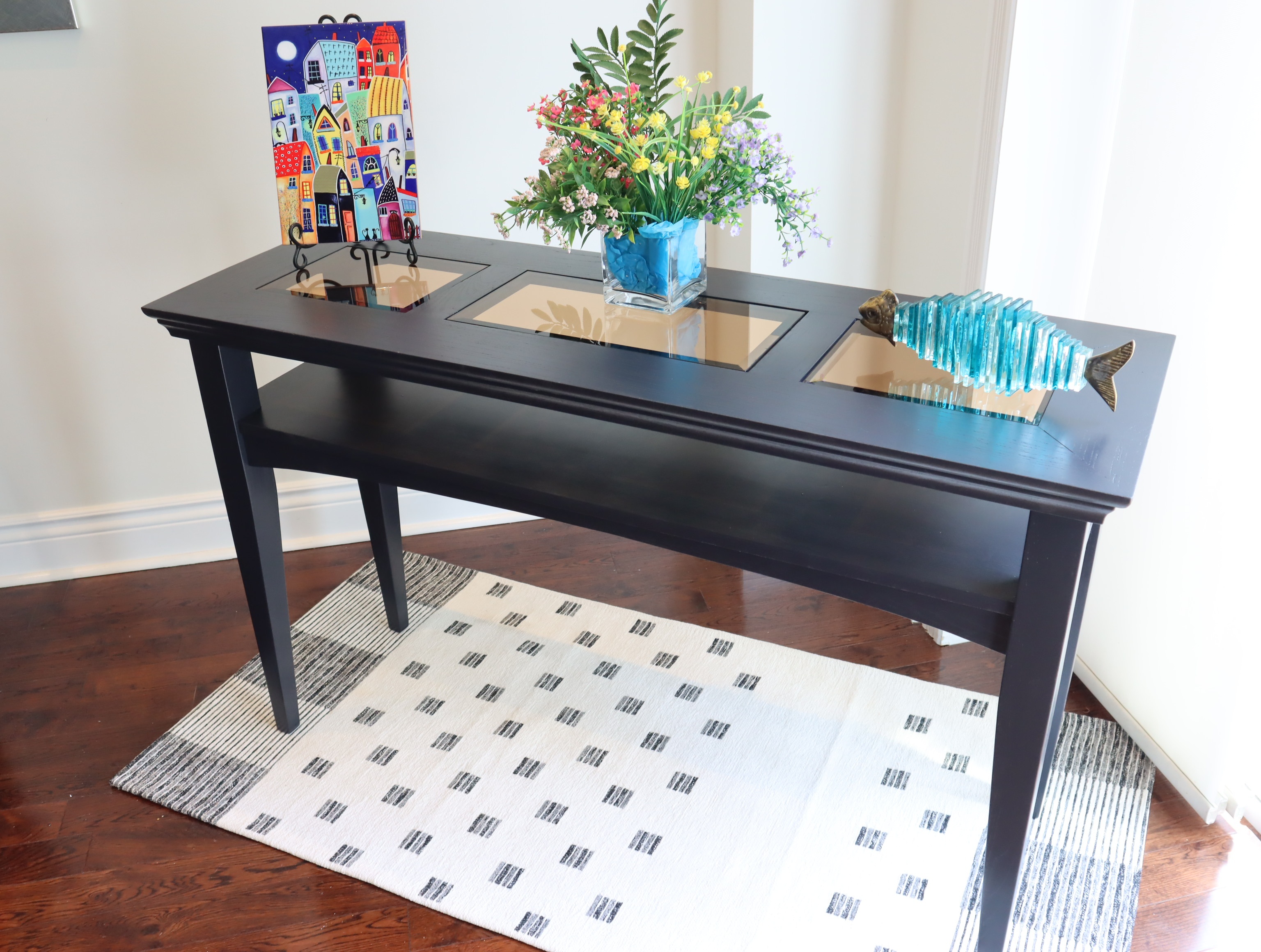 Black Console Sofa Table with Glass Inserts - photo 2