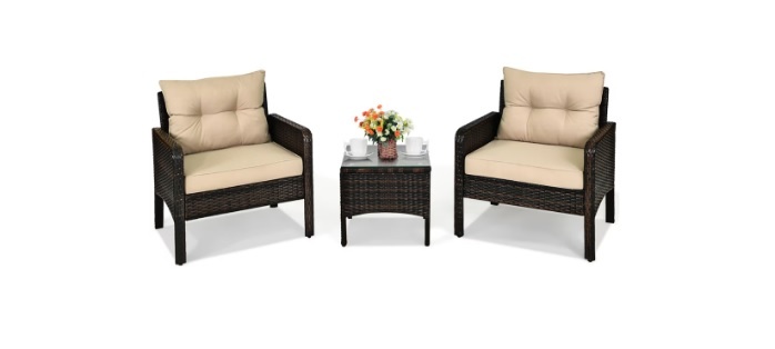 3-Piece Rattan Conversation Set with Cushions - Brown - photo 2