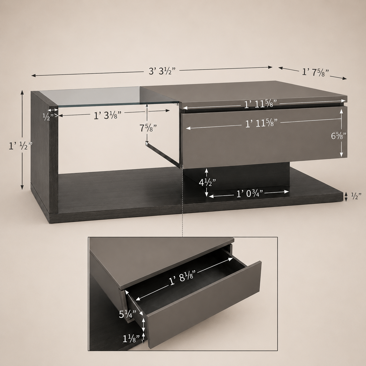 Modern Black Coffee Table w/ Hidden Storage Drawer & Glass Shelf - photo 4