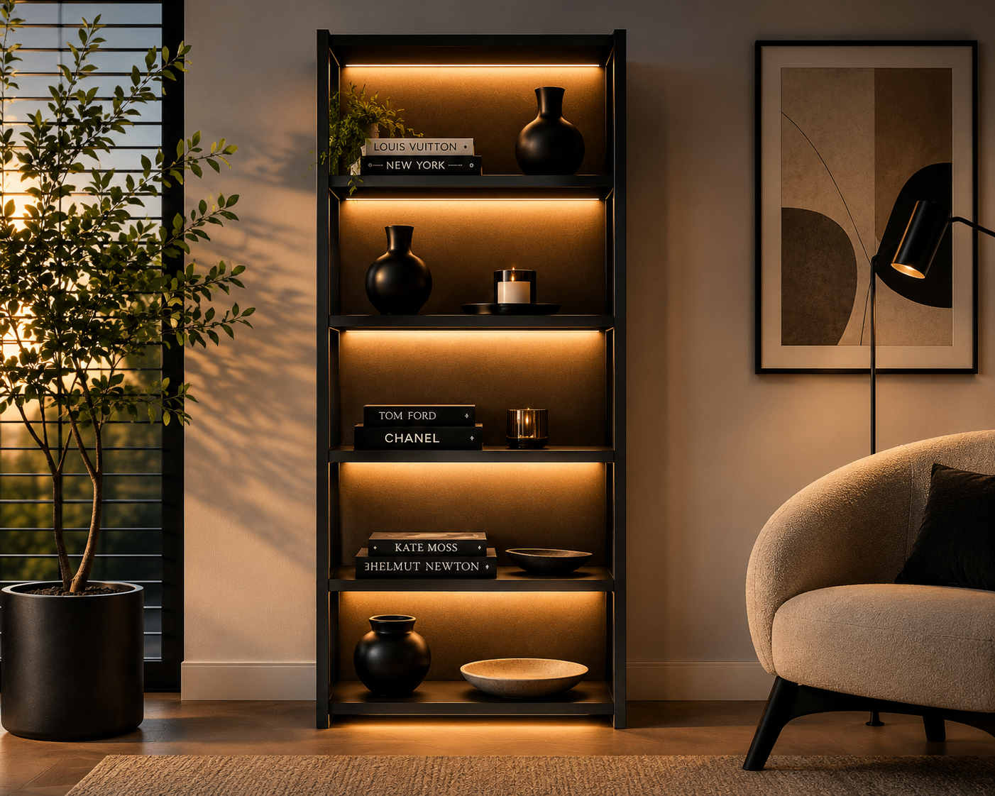 LED Bookshelf Display Shelf with Storage – Modern Black Bookcase - photo 2