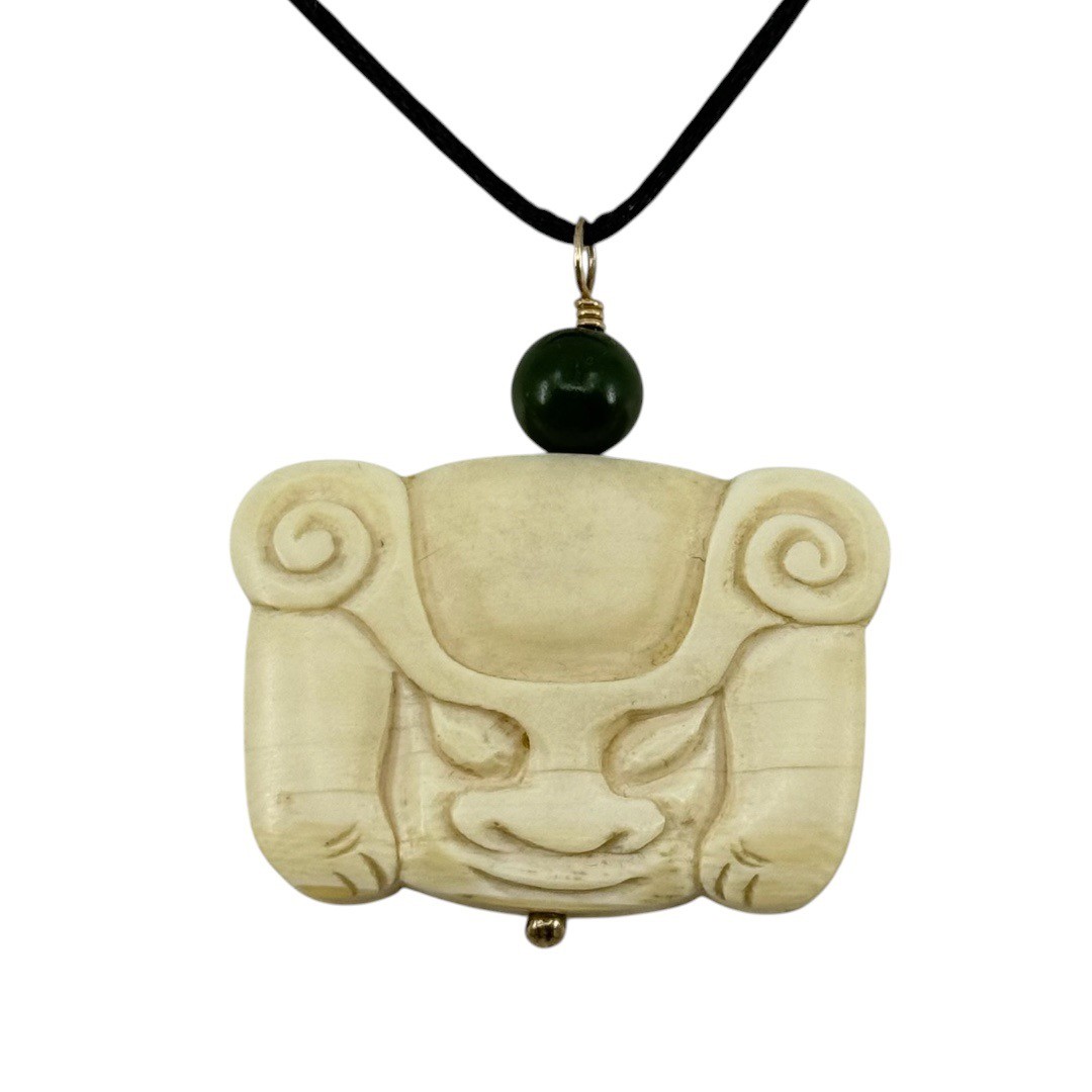 Gold Filled Chinese carved bone foo dog & jade bead pendant