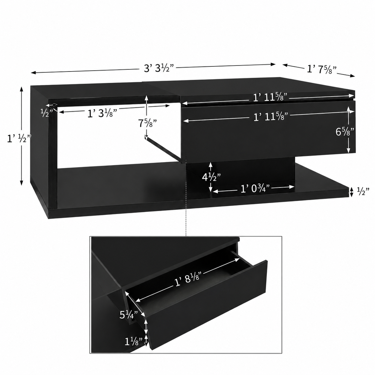 Modern Black Lift-Top Coffee Table with Storage Drawer - photo 5