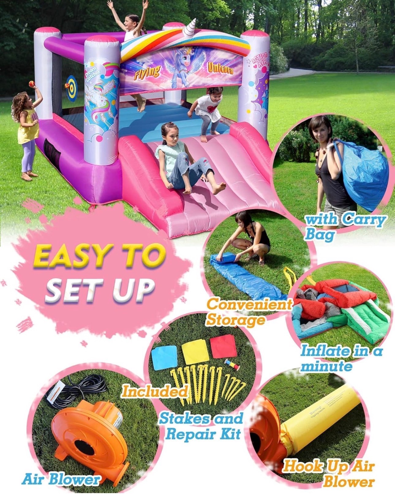 Unicorn Inflatable Bounce House with Blower, Durable Sewn Thick