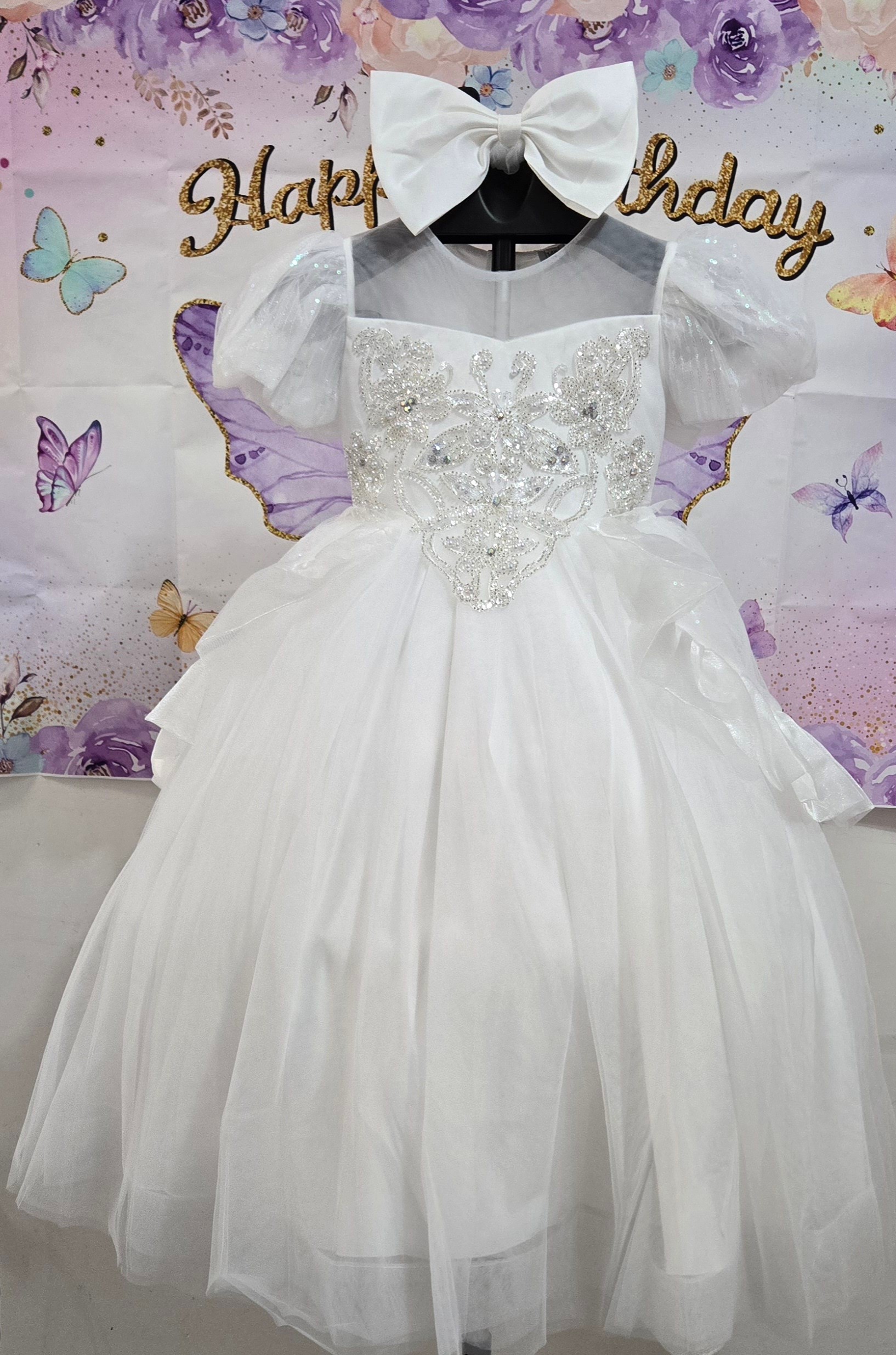 White Sequin Tulle Dress with Bow:5366