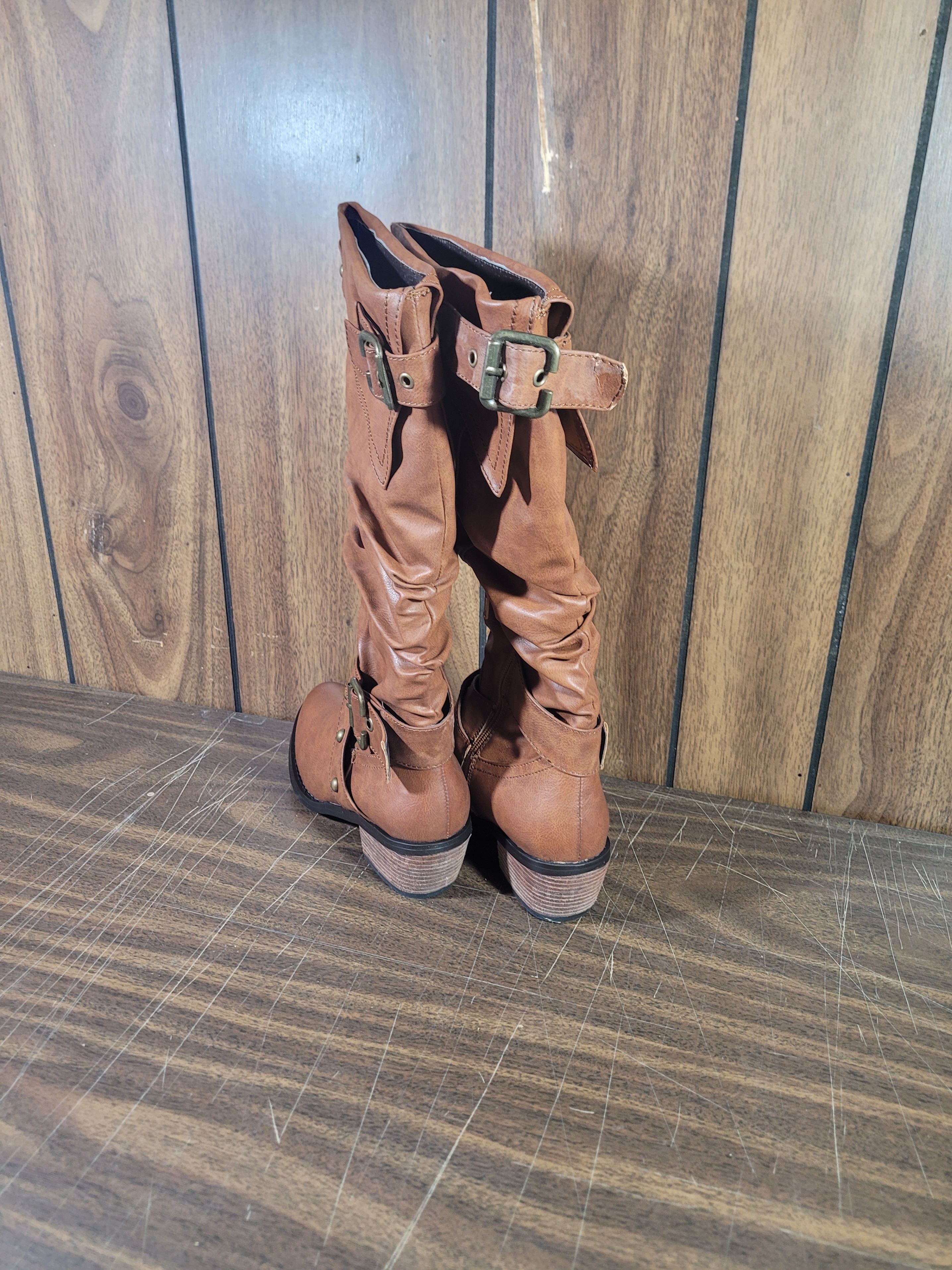 Brown Ruched Knee-High Boots with Buckle Detail - photo 4