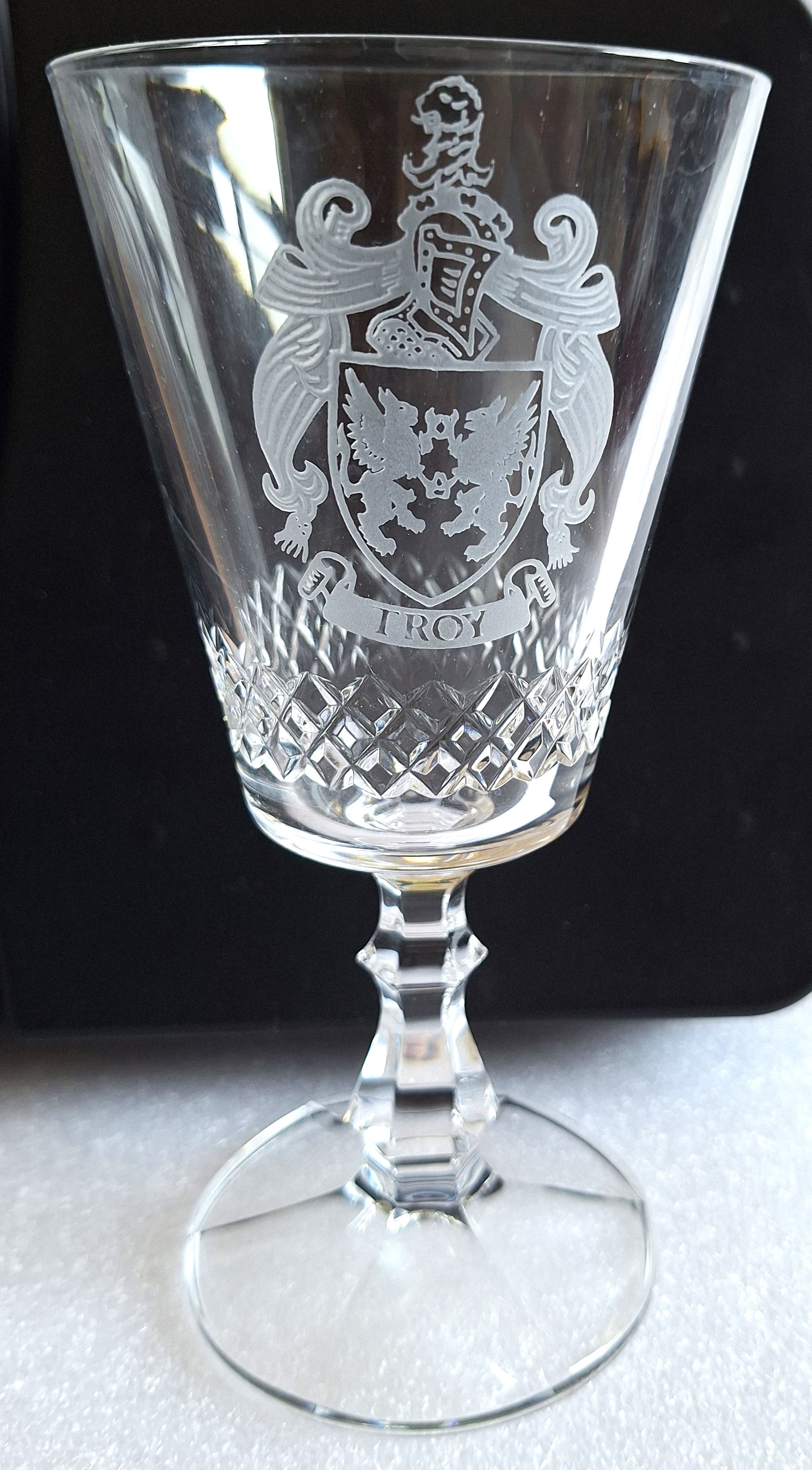 TROY Coat of Arms Crest Vintage Etched Crystal Wine Glass
