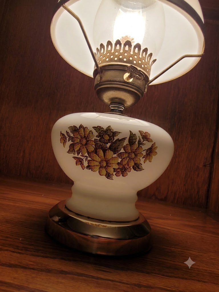 70s Milk Glass Hurricane Lamp - Yellow & Orange Daisies Working - photo 3