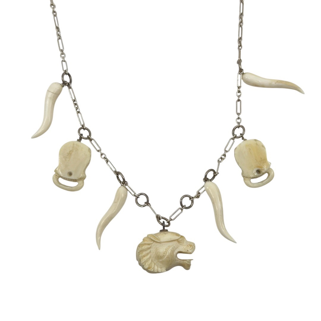 Vintage sterling silver hand carved bone charm pendant necklace - photo 4