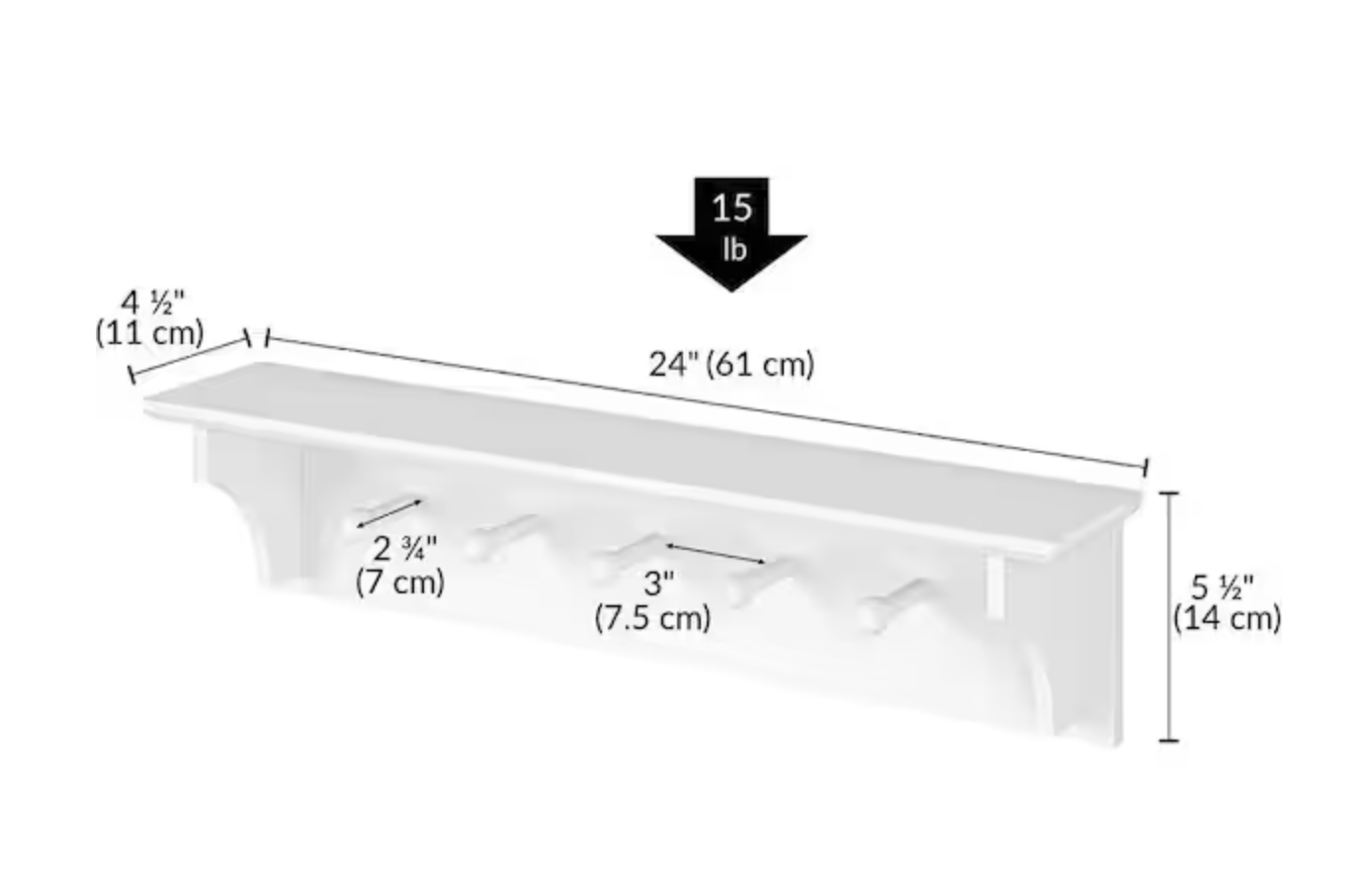 White Floating Wall Shelf with 5 Peg Hooks - photo 3
