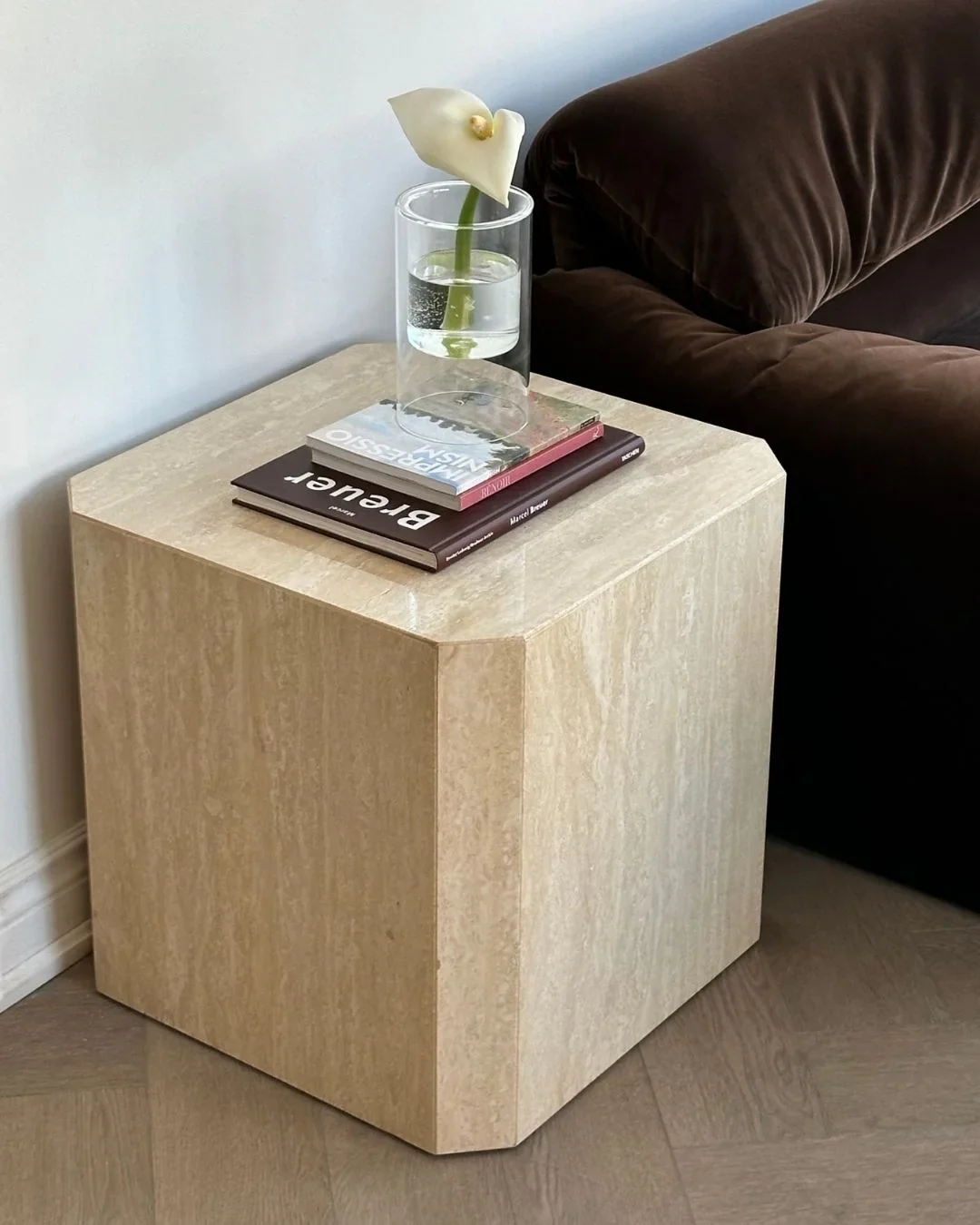 2 Italian Travertine Octagonal Cube Post Modern side end table