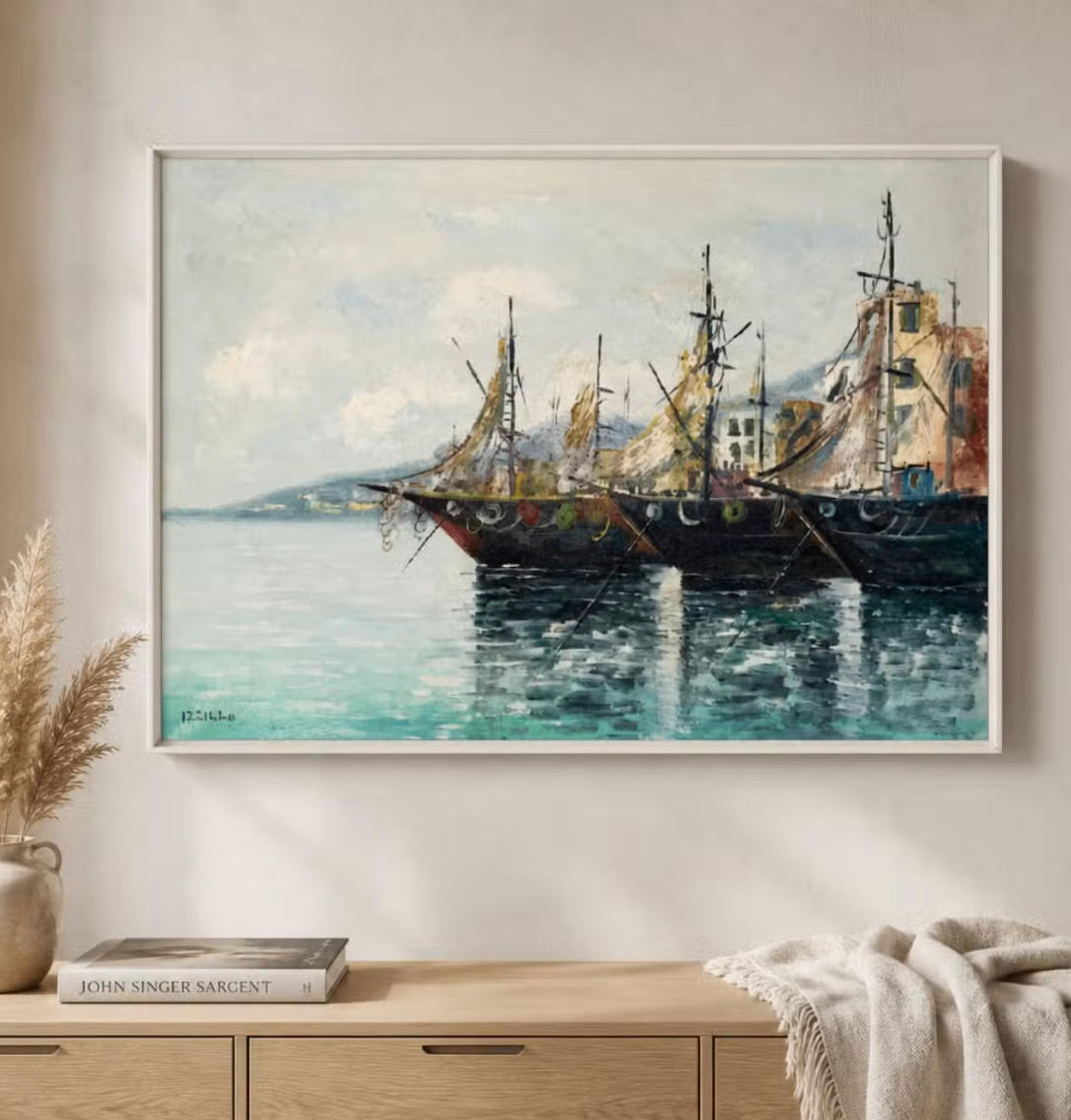 IZZILLO OIL PAINTING On CANVAS – VIBRANT ITALIAN HARBOUR SCENE