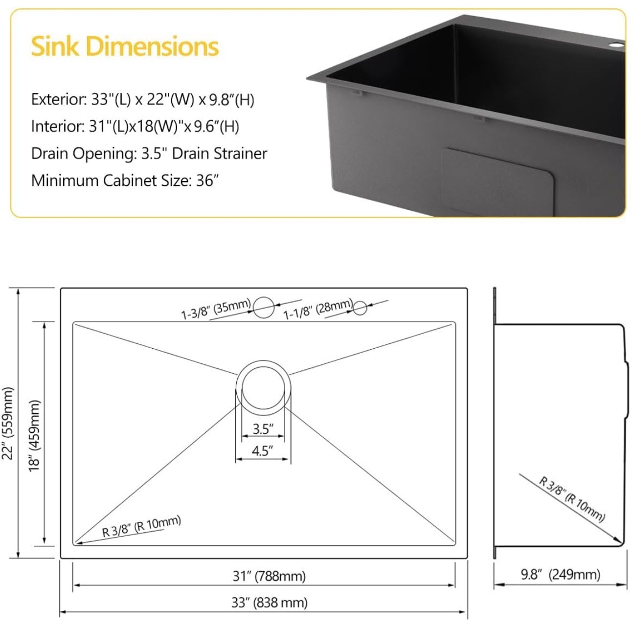 Kitchen Sink 33x22x10" Black Stainless Steel 16 Gauge Noise Redu - photo 2