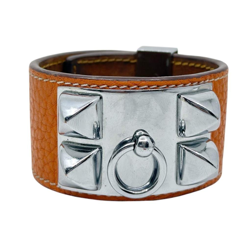 Hermes Paris Collier de Chien orange leather palladium bracelet