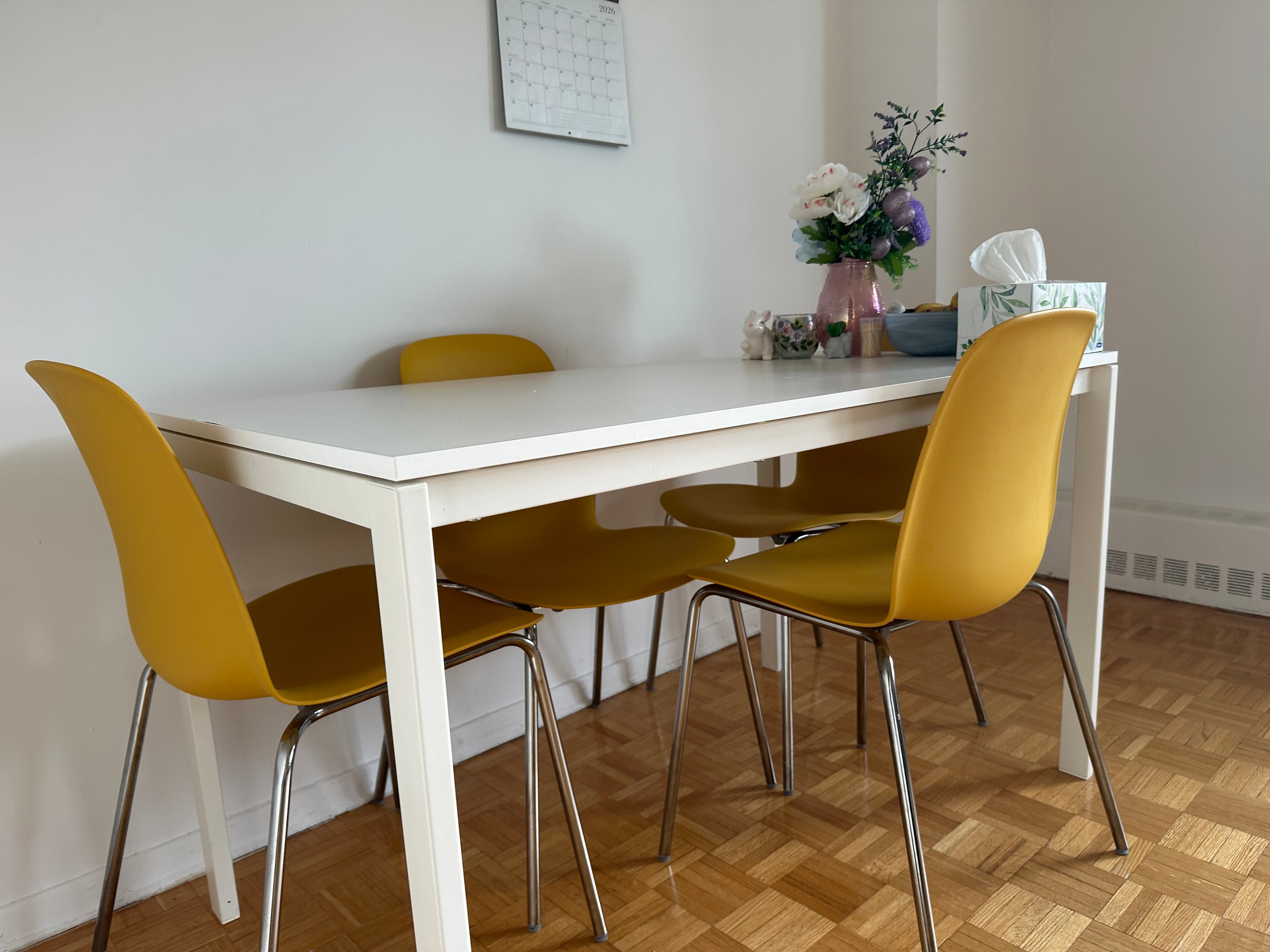 Modern White Dining Table Set with 4 Mustard Yellow Chairs