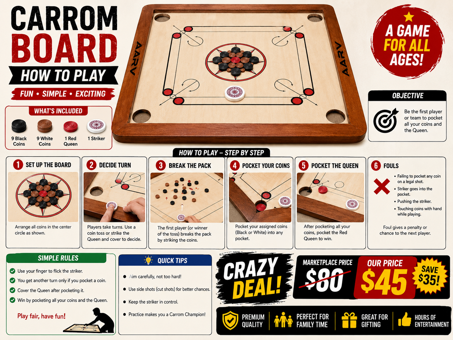 Premium Wooden Carrom Board with Coins | Family Game | - photo 2