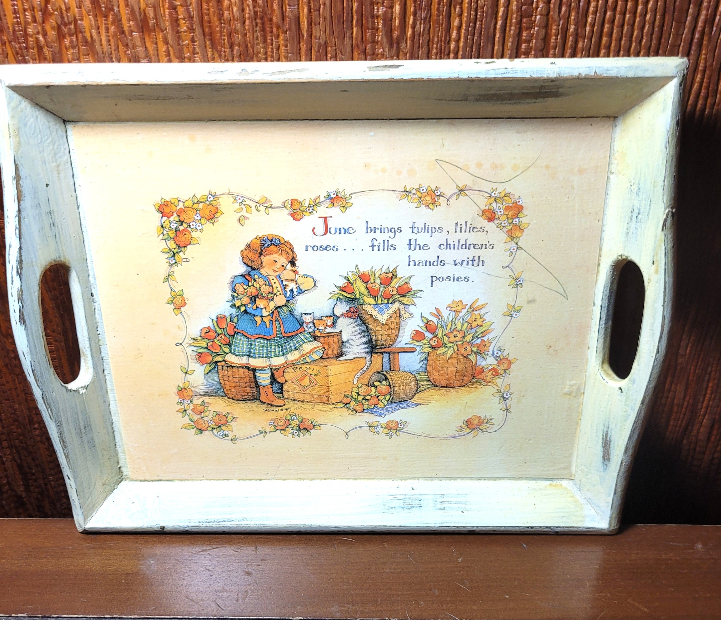 Shabby Chic Wooden Serving Tray Cottagecore June Poem Cat Decor - photo 3