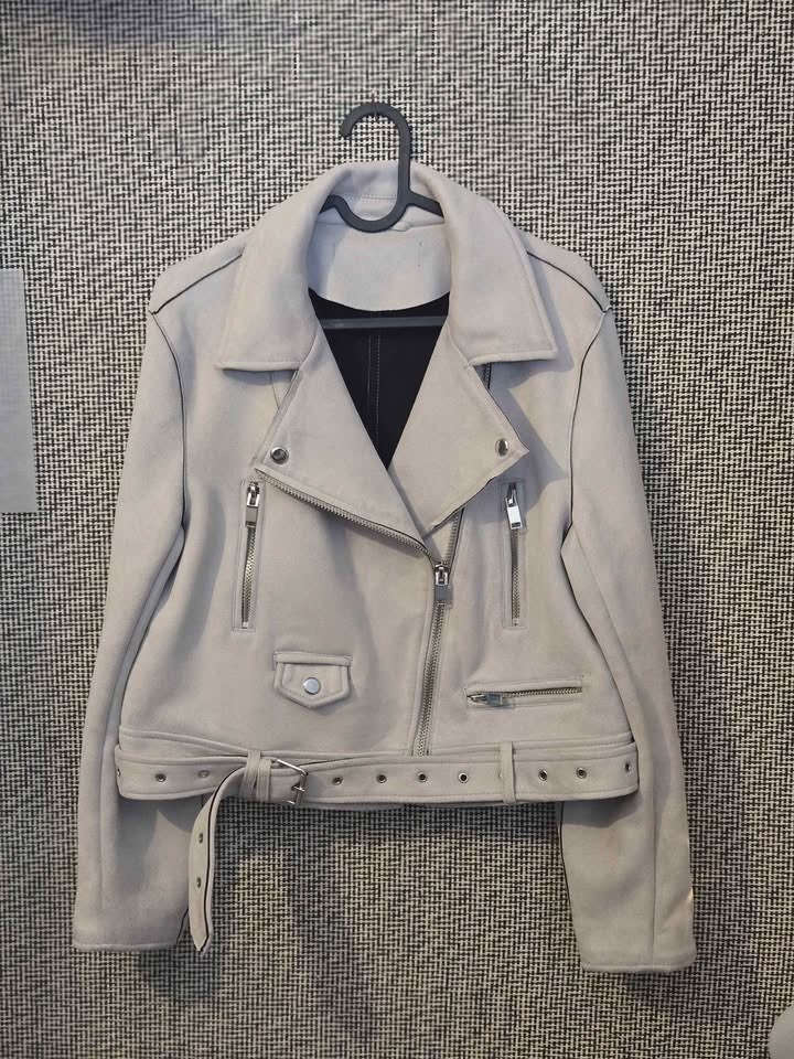 FAUX SUEDE BIKER MOTO JACKET WOMENS MEDIUM IN GREY COLOURWAY