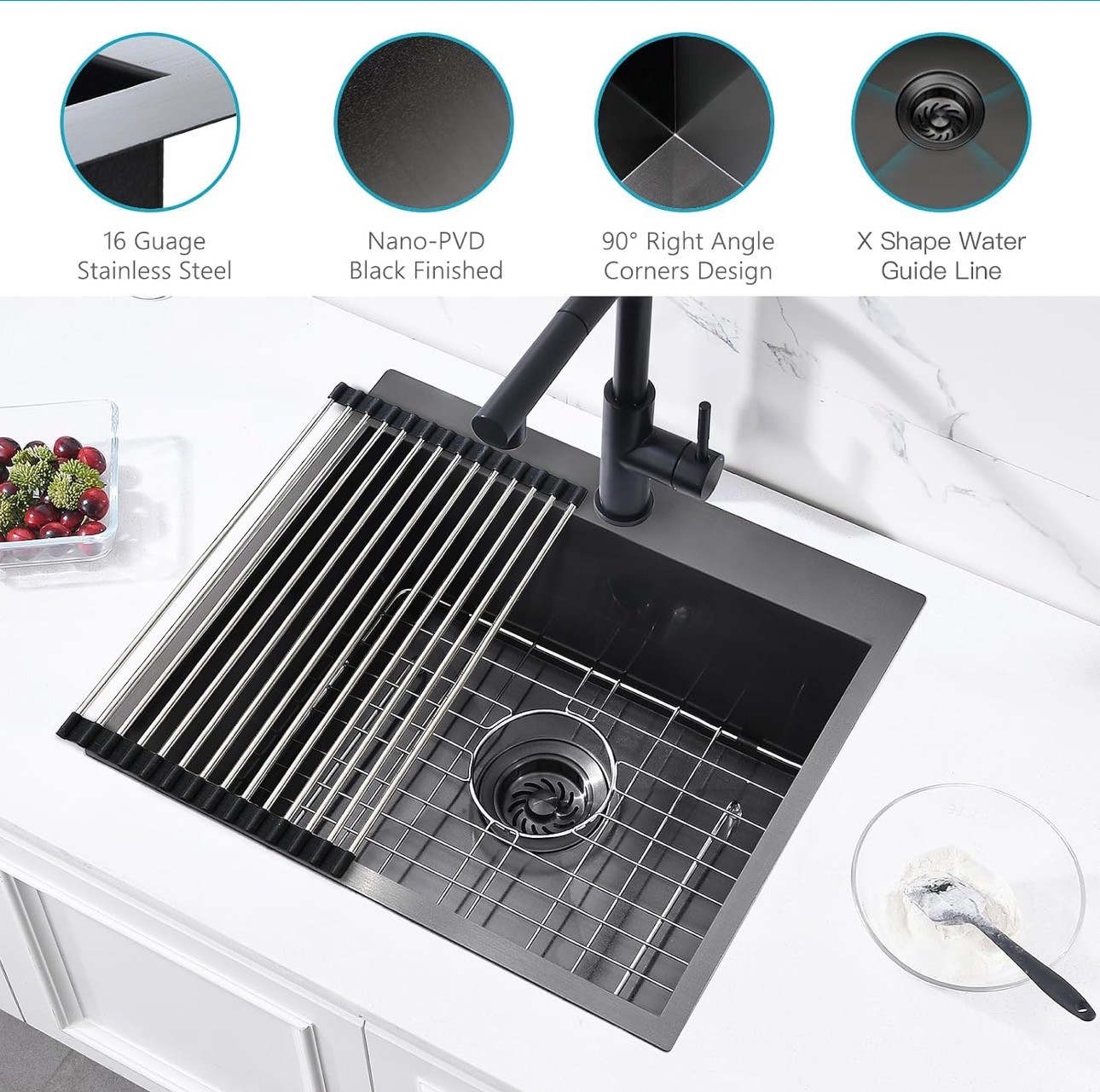 Black Drop in Kitchen Sink 21x18x10" 304 Stainless Steel 16Gauge - photo 3