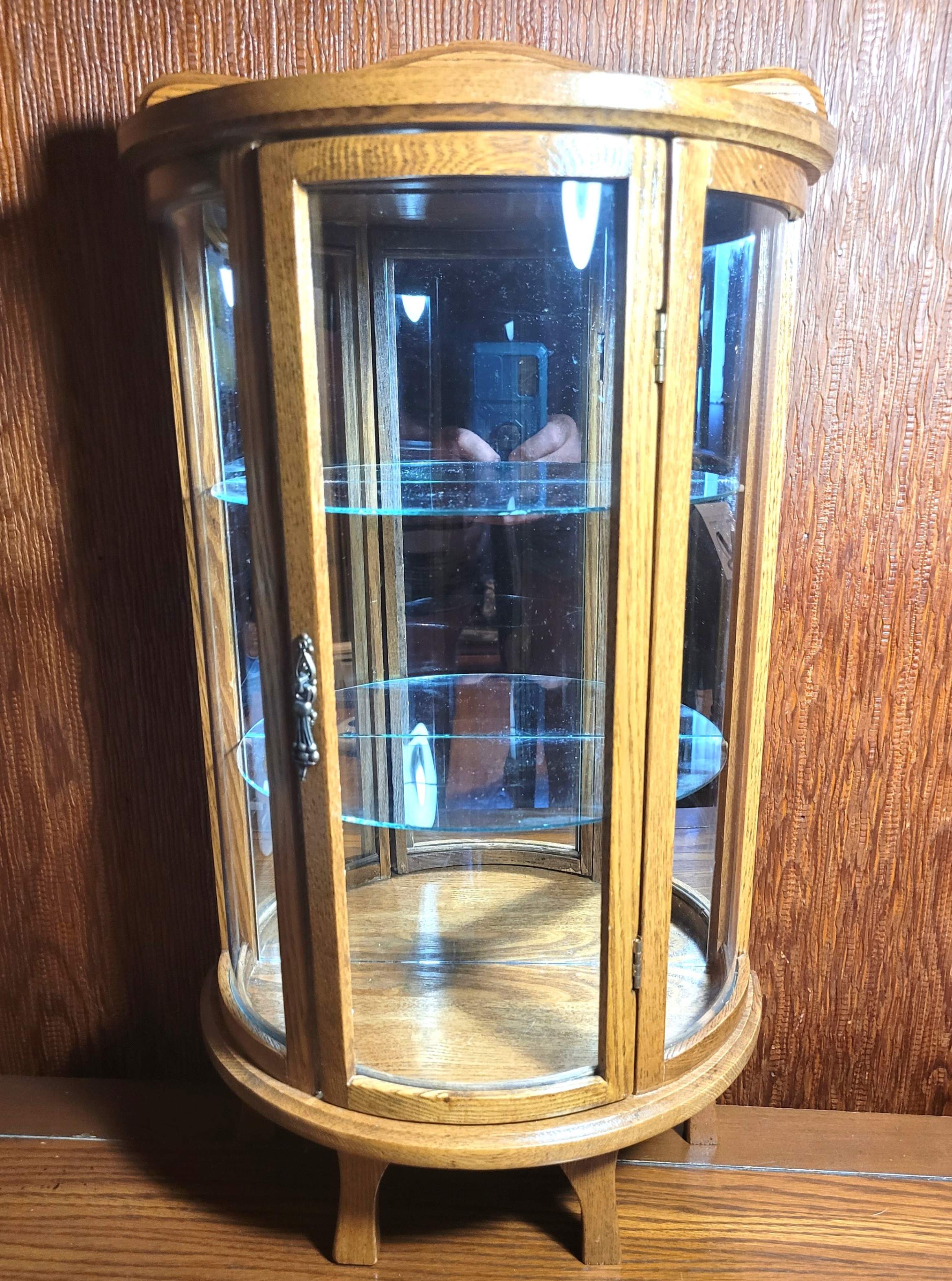 Circa 1980 Petite Curved Glass Oak Curio Cabinet