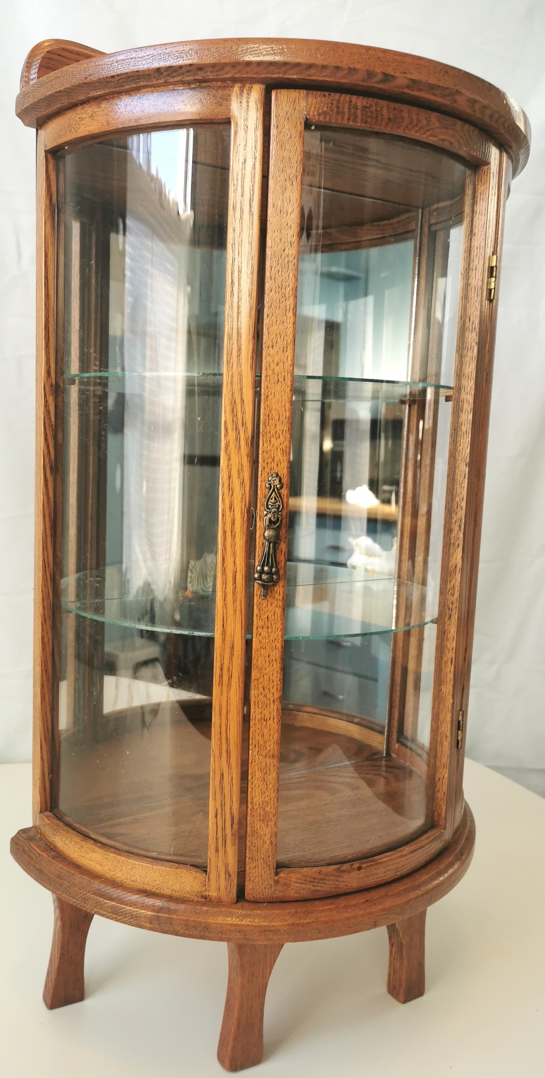 Circa 1980 Petite Curved Glass Oak Curio Cabinet
