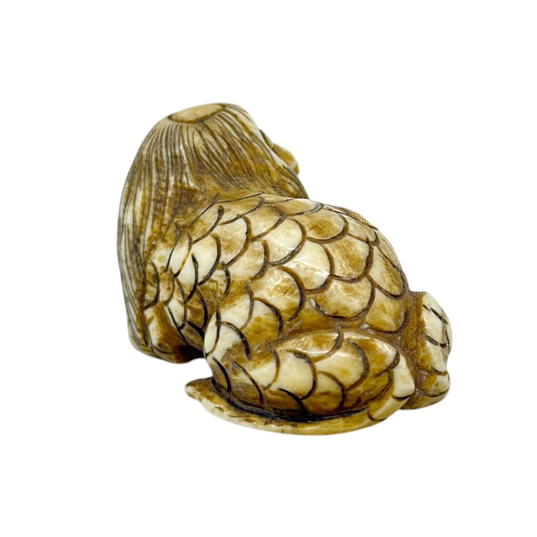 Showa period Japanese carved bone Kappa with fish netsuke - photo 4