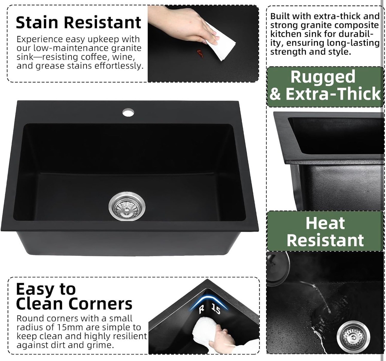 NEW: Black Quartz Granite Kitchen Sink 27X19x9 Dual Mount - photo 5