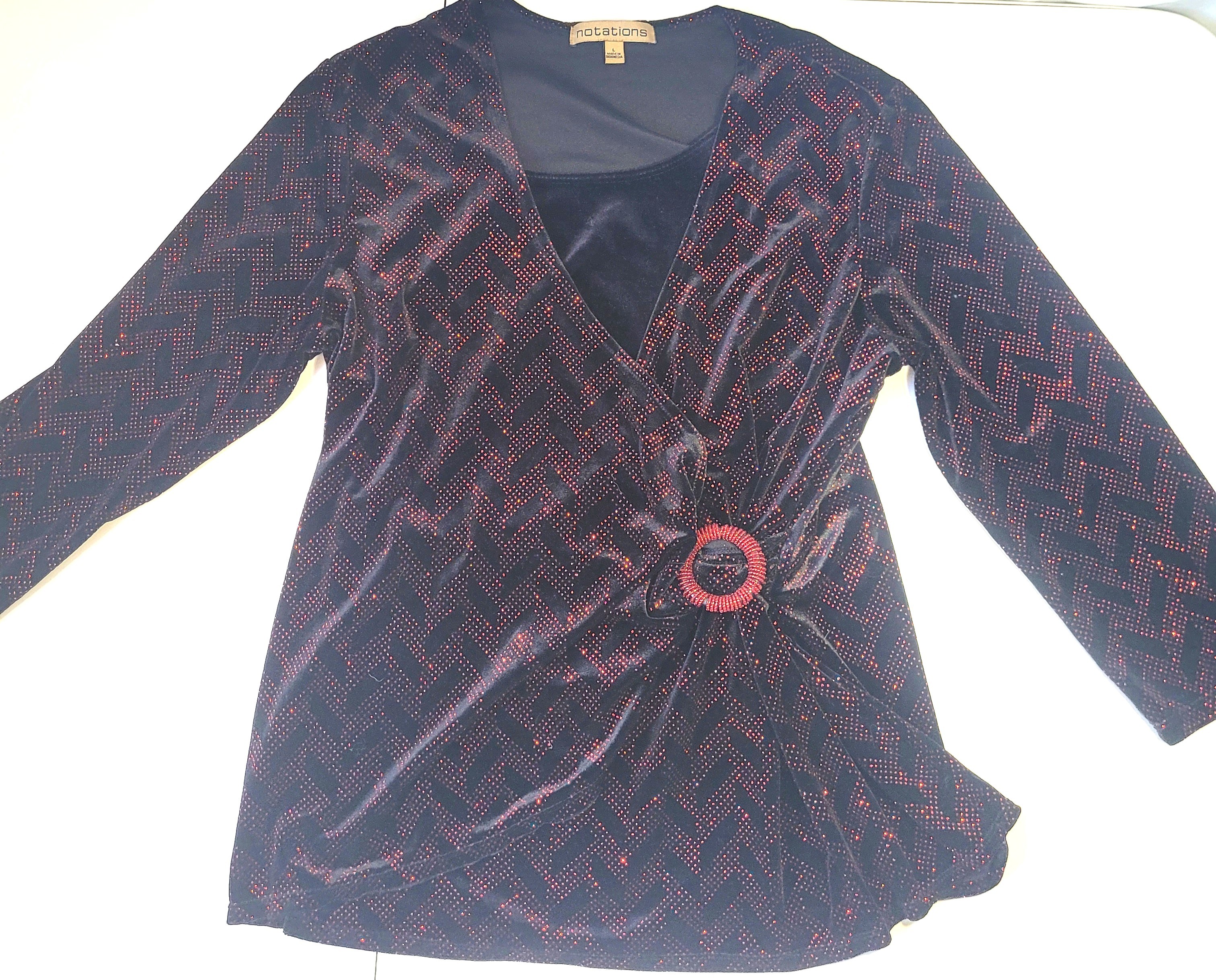 Notations Vintage Black Red Glitter Chevron Faux Wrap Top Size L