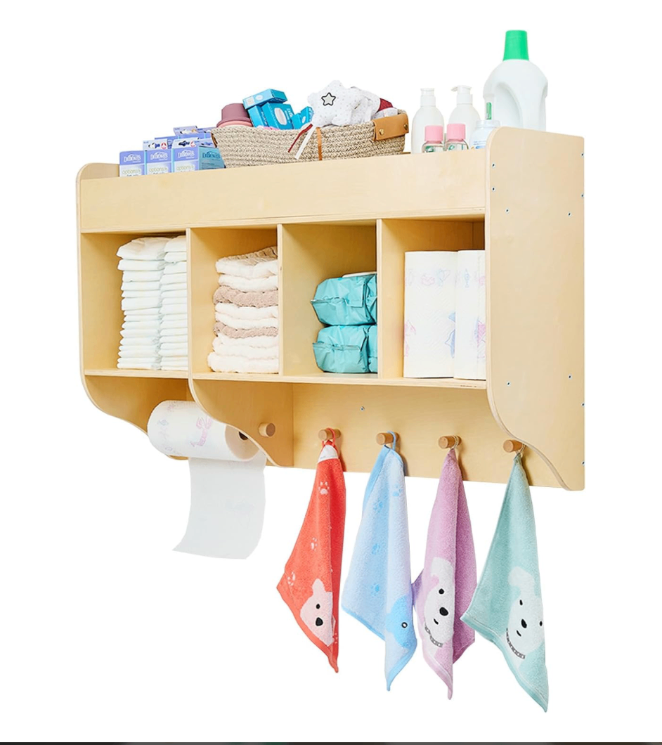 Solid Wood Baby Diaper Organizer & Floating Wall Shelf - New