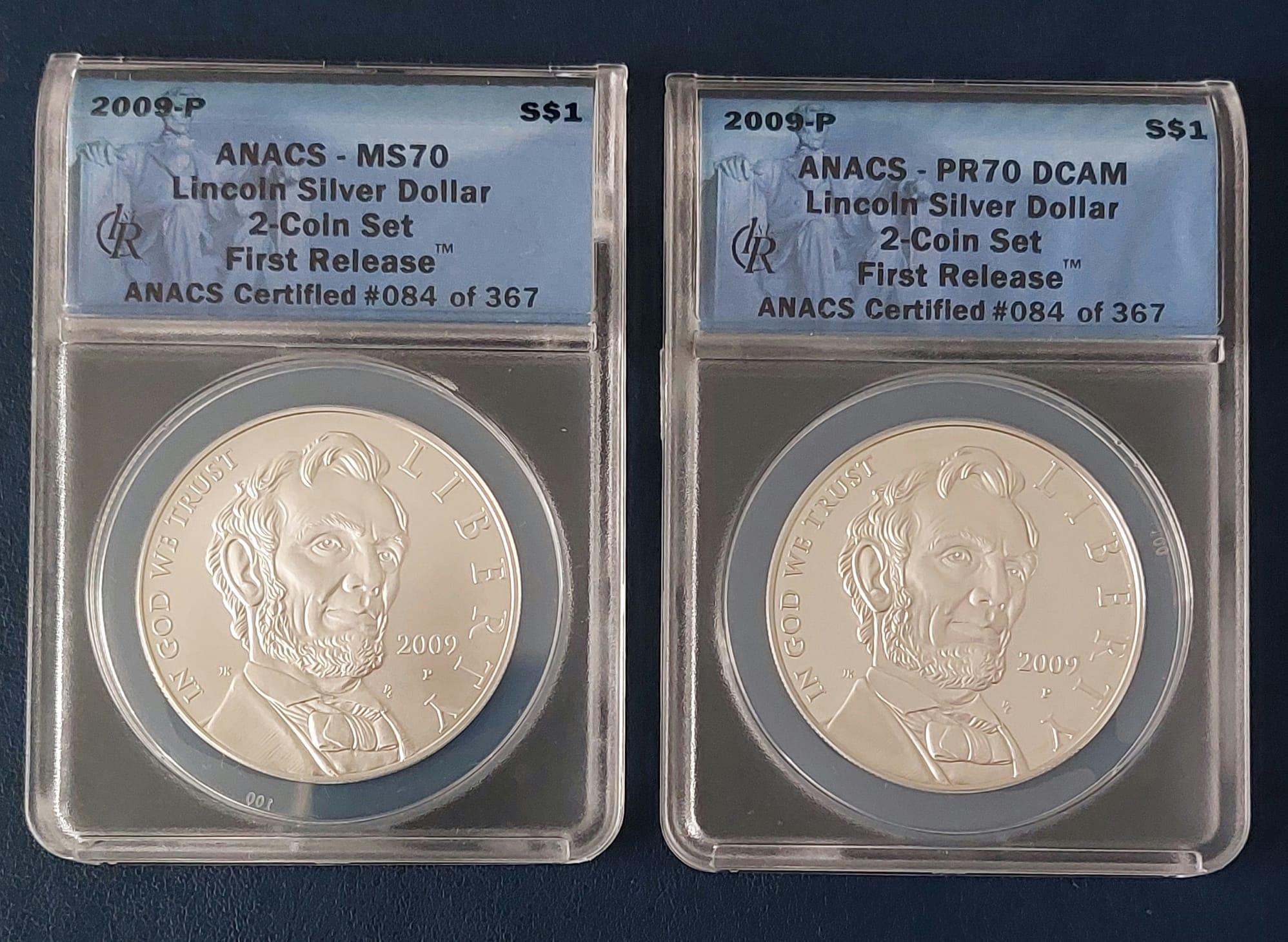 2-Coin 2009-P Lincoln Silver Dollar Set - ANACS MS70 & PR70 DCAM