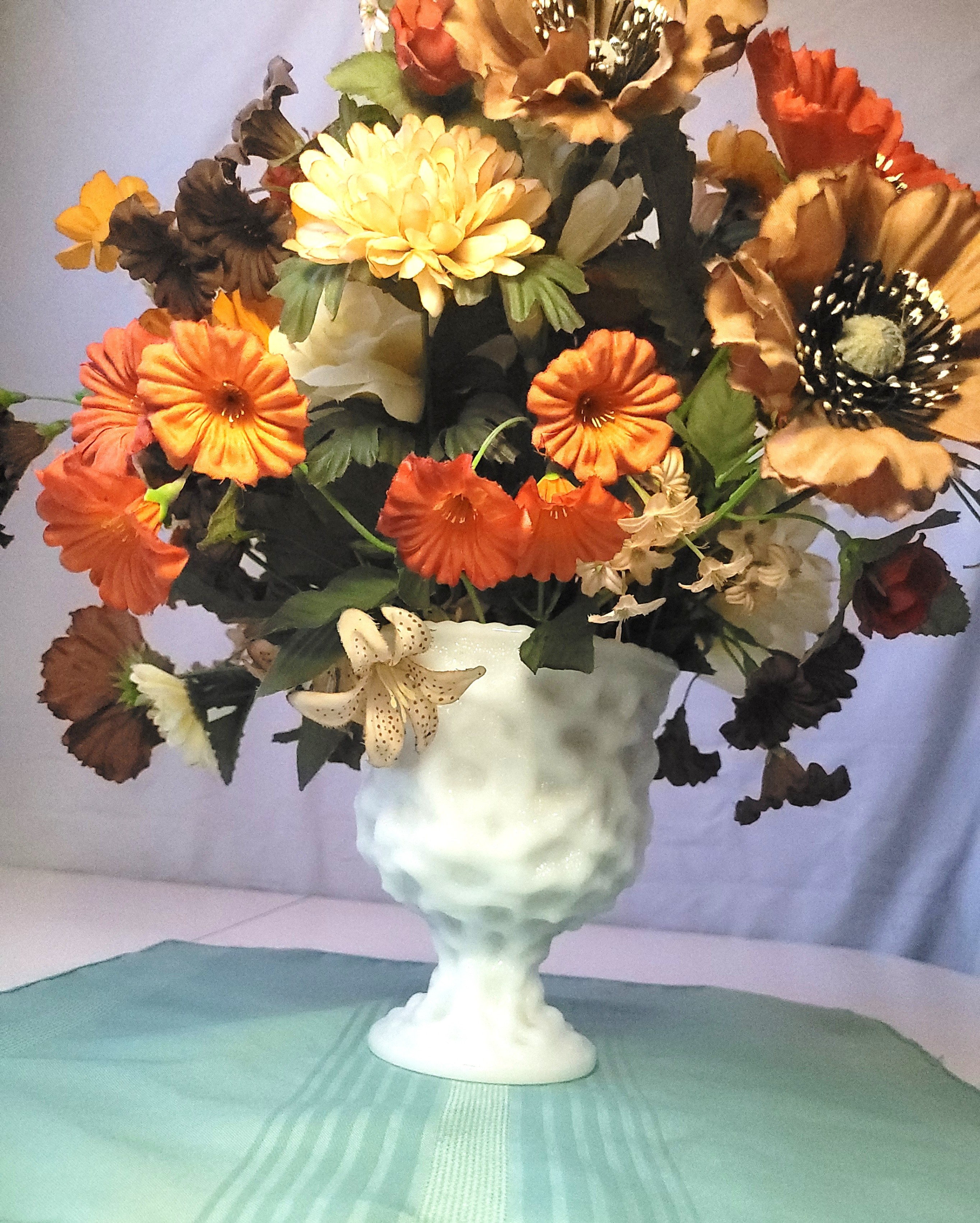 1960s E.O. Brody White Milk Glass Pedestal Vase Faux Floral Art - photo 3