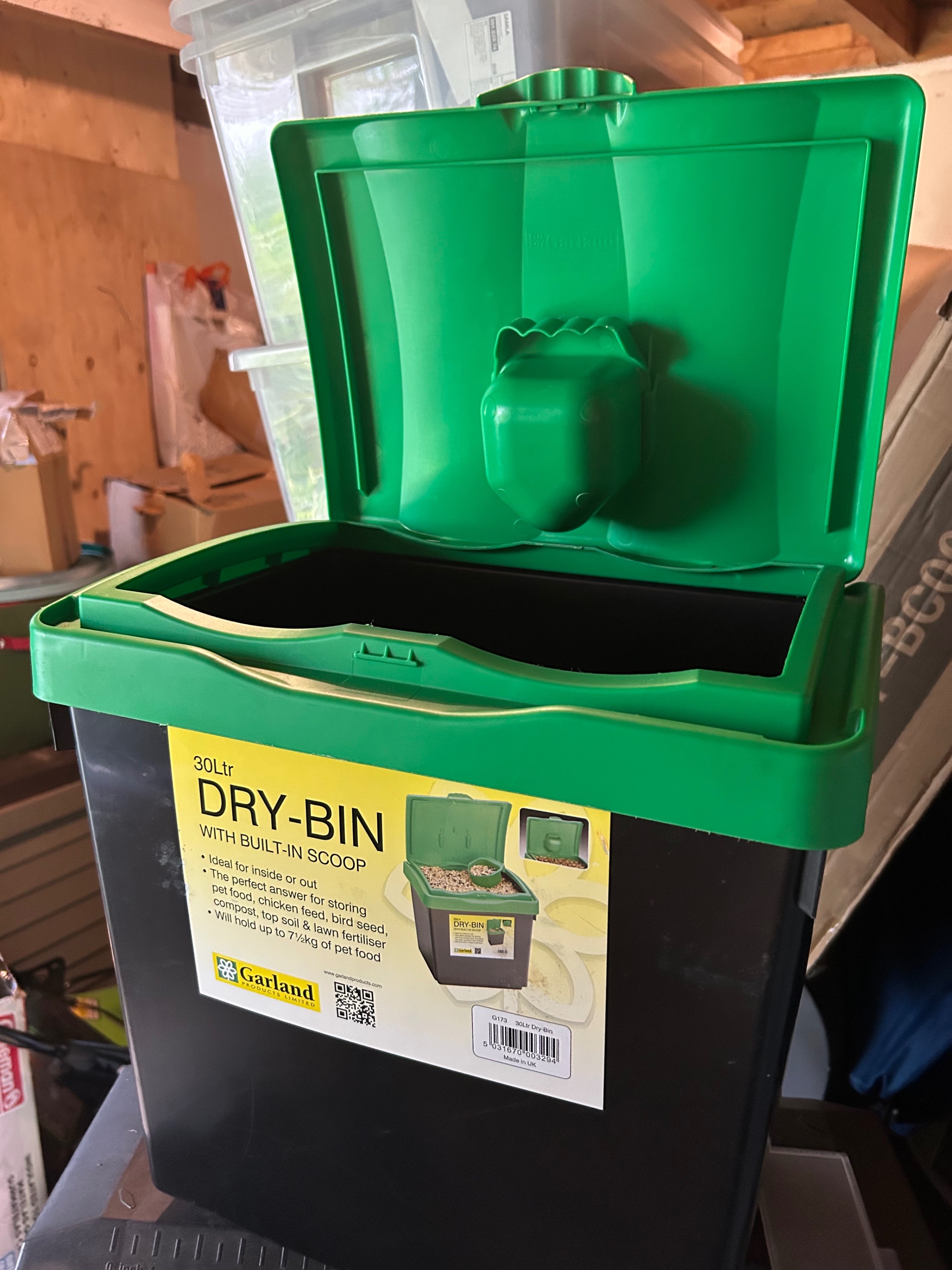 30L Dry Bin for Pet or Bird Food, Green/Black, Built in Scoop
