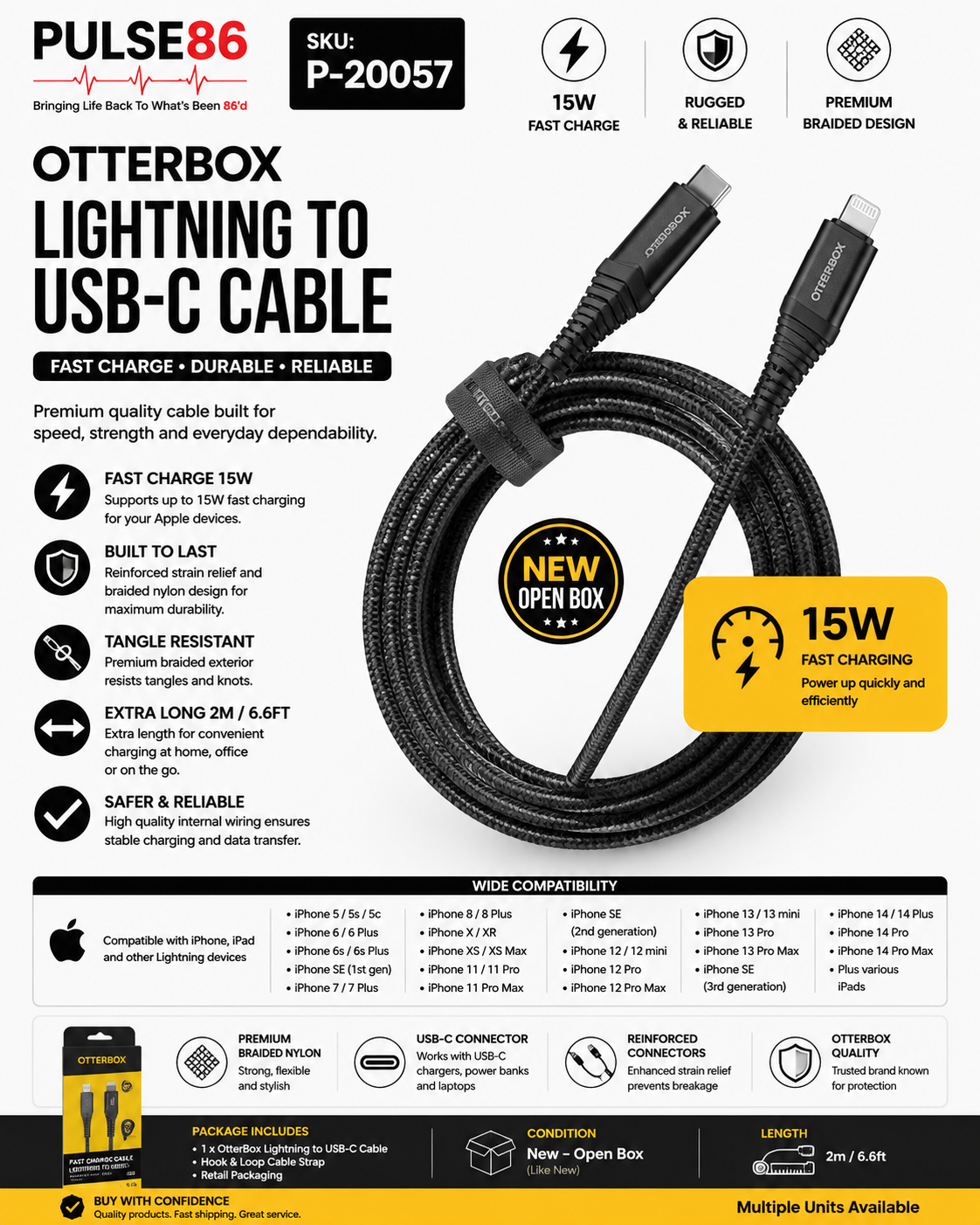 OtterBox Premium Lightning to USB-C Fast Charging Cable 2m Black