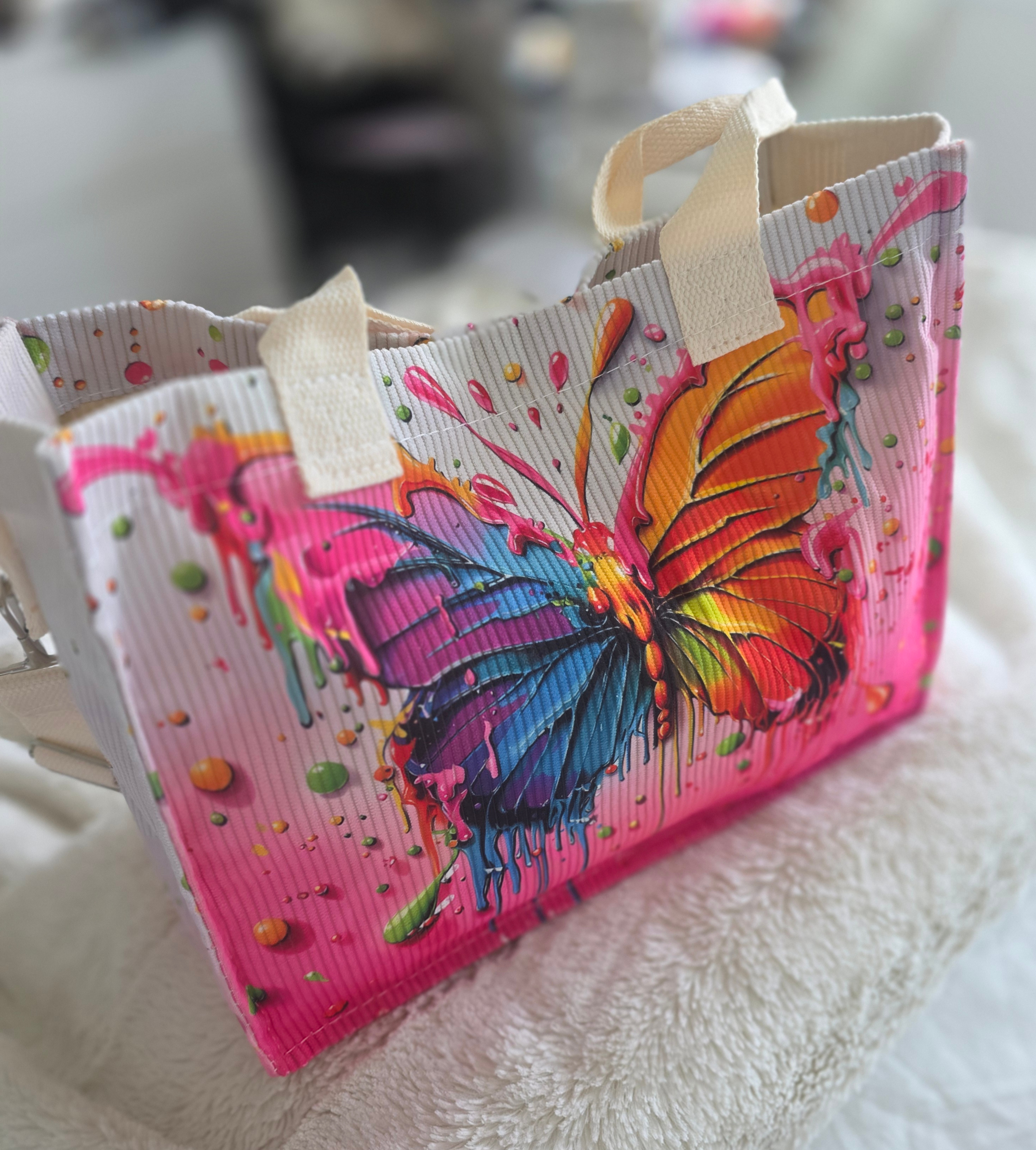 Ladies Medium-Colorful Ink-Spatter Butterfly-Corduroy Tote Bag - photo 4
