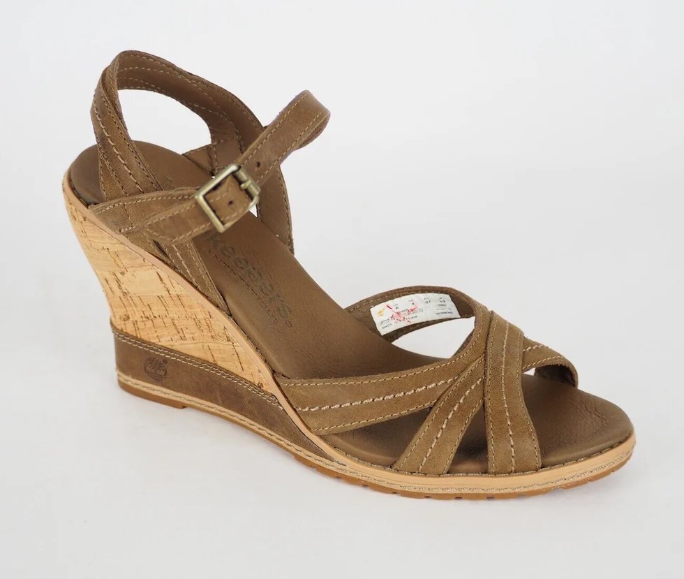 NEW Timberland Maeslin Buckle Brown Leather Cork Wedge Sandals