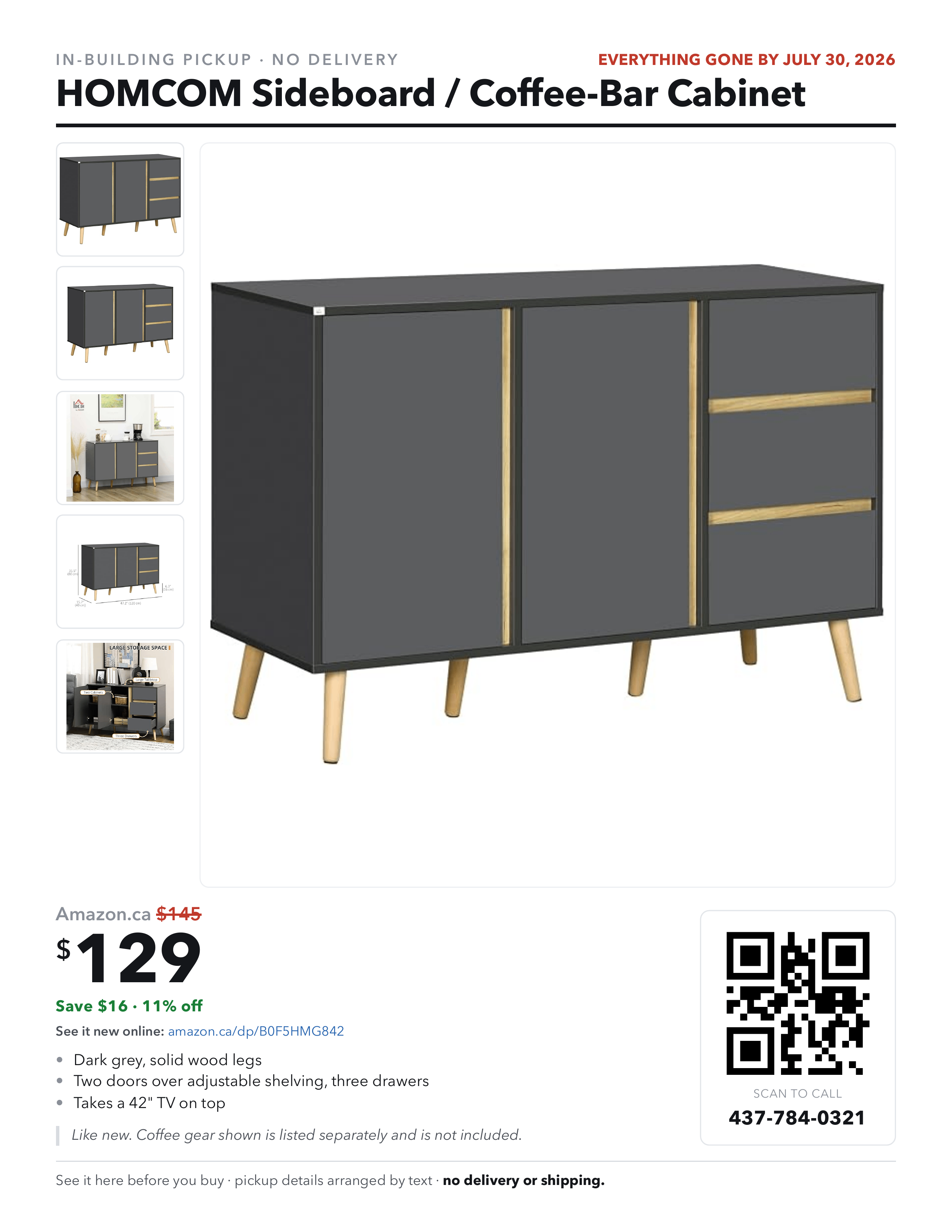 HOMCOM Sideboard Buffet Cabinet - Dark Grey, 3 Drawers 2 Doors