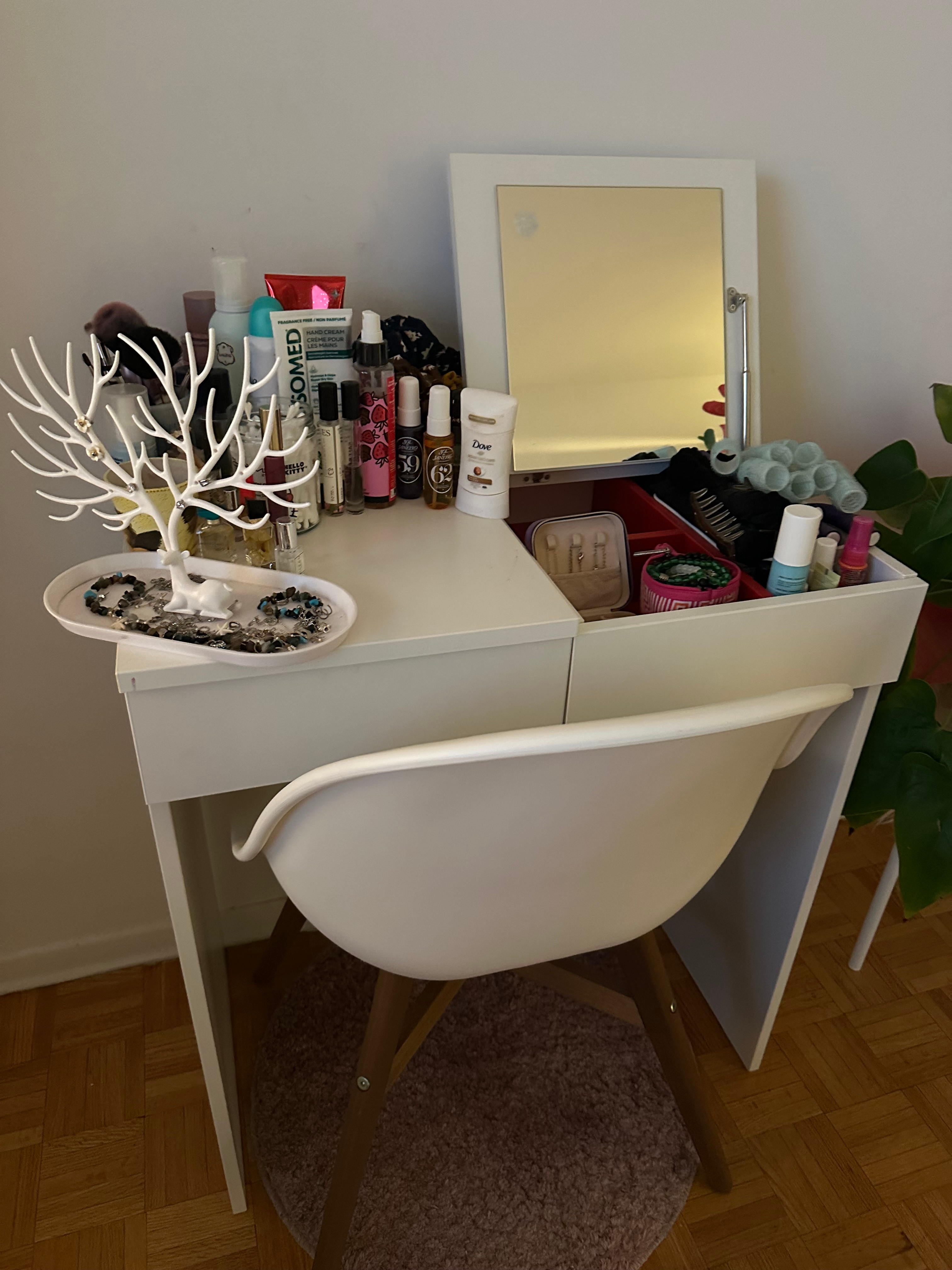 White Makeup Vanity & Modern White Chair Set