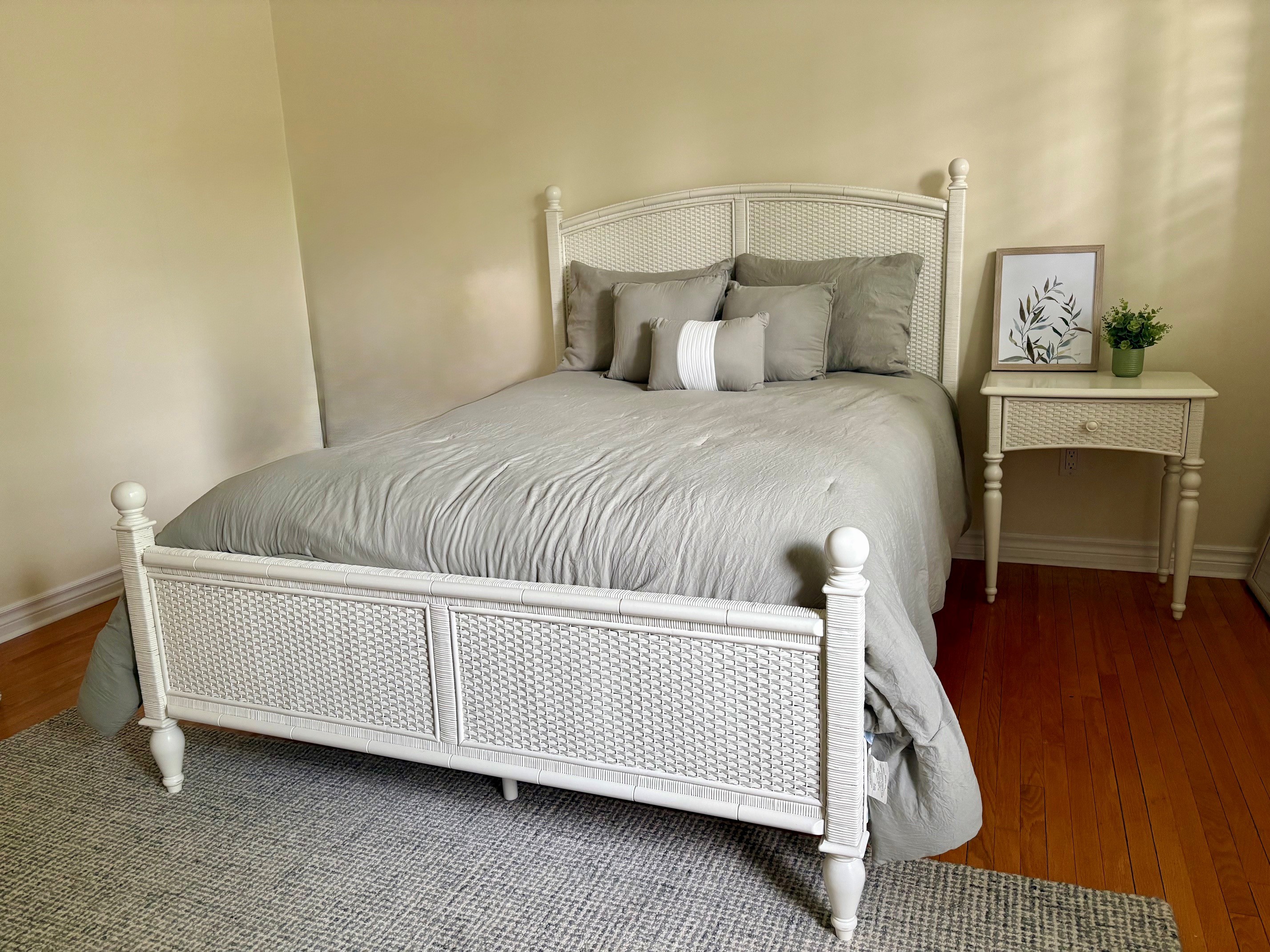 White Wicker Bed Frame and Nightstand Set