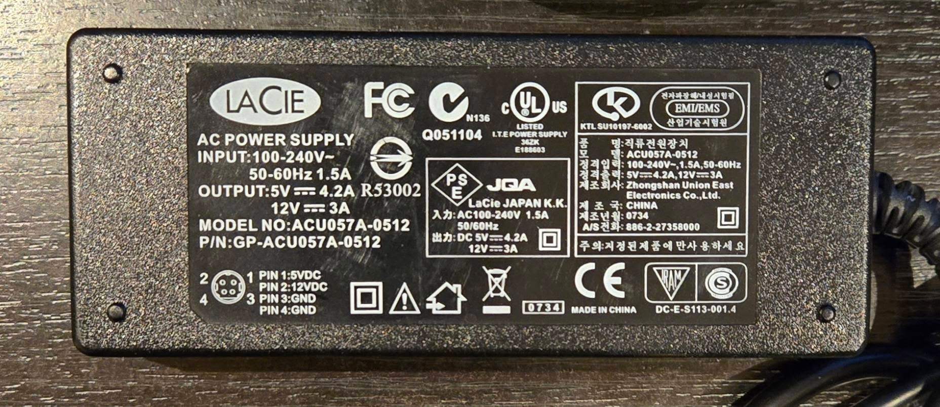 Geniune Lacie ACU057A-0512 Output 5V- 12V 4.2-3A Power Supply - photo 3