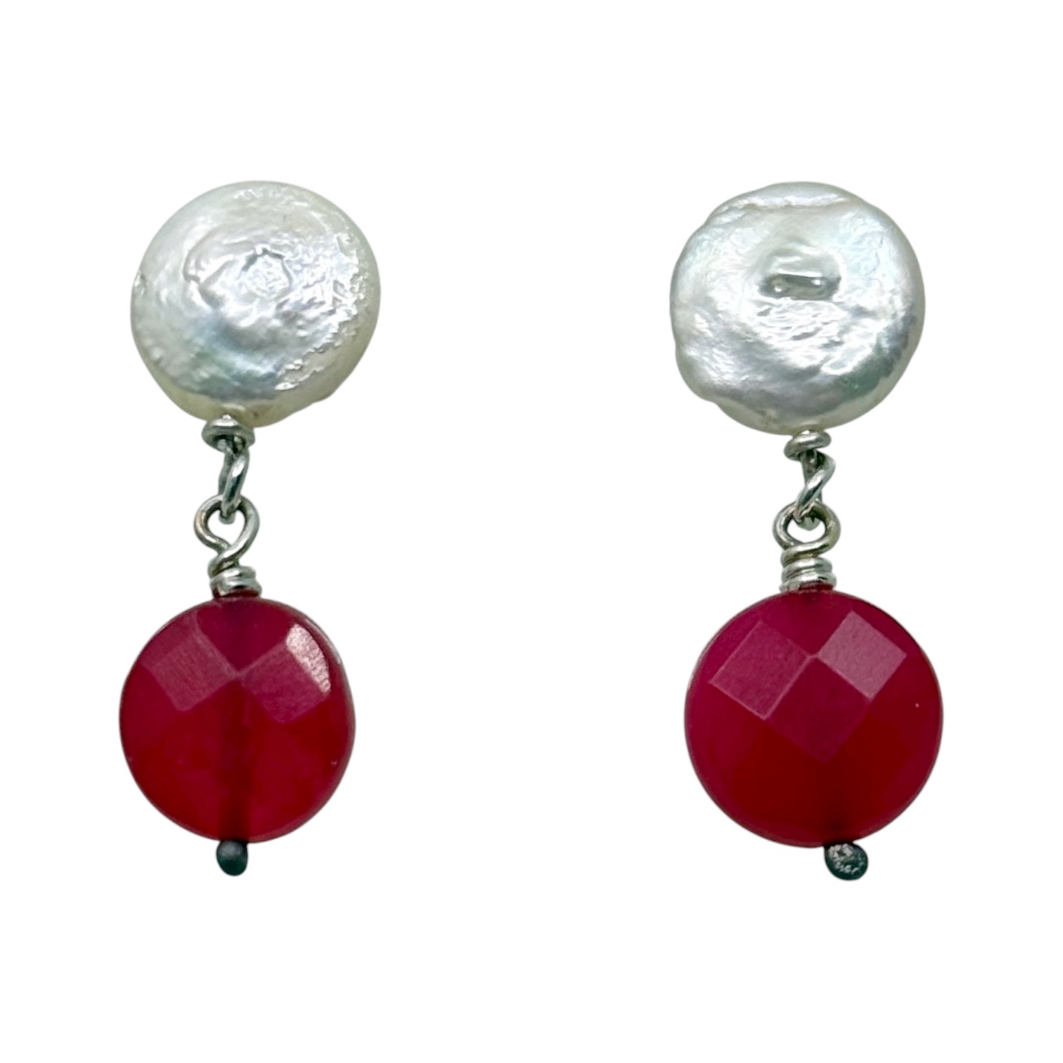 sterling silver freshwater pearl & red chalcedony drop earrings