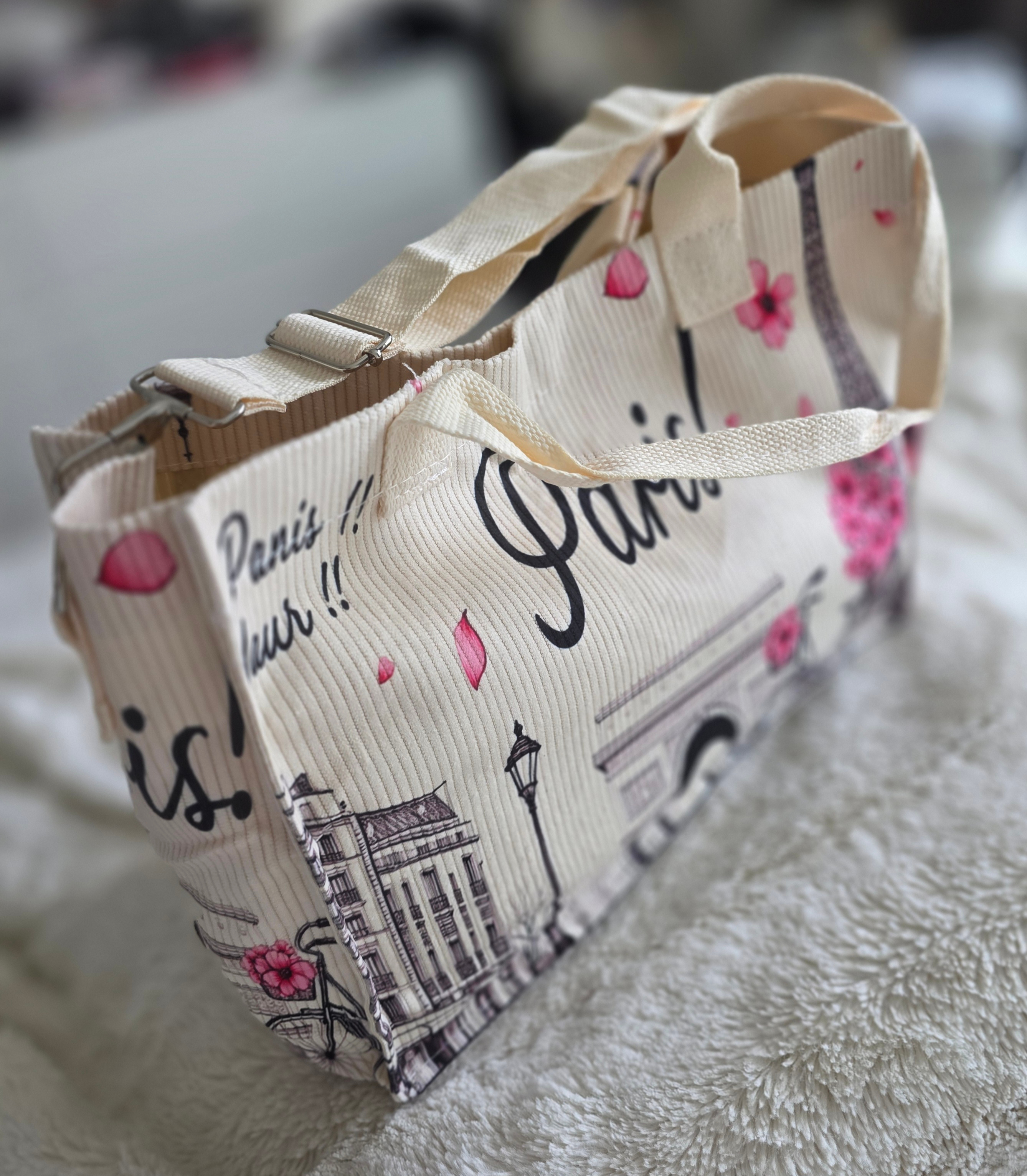 Ladies-Summer Style "Paris Scenery" Themed-Corduroy-Tote Bag - photo 4