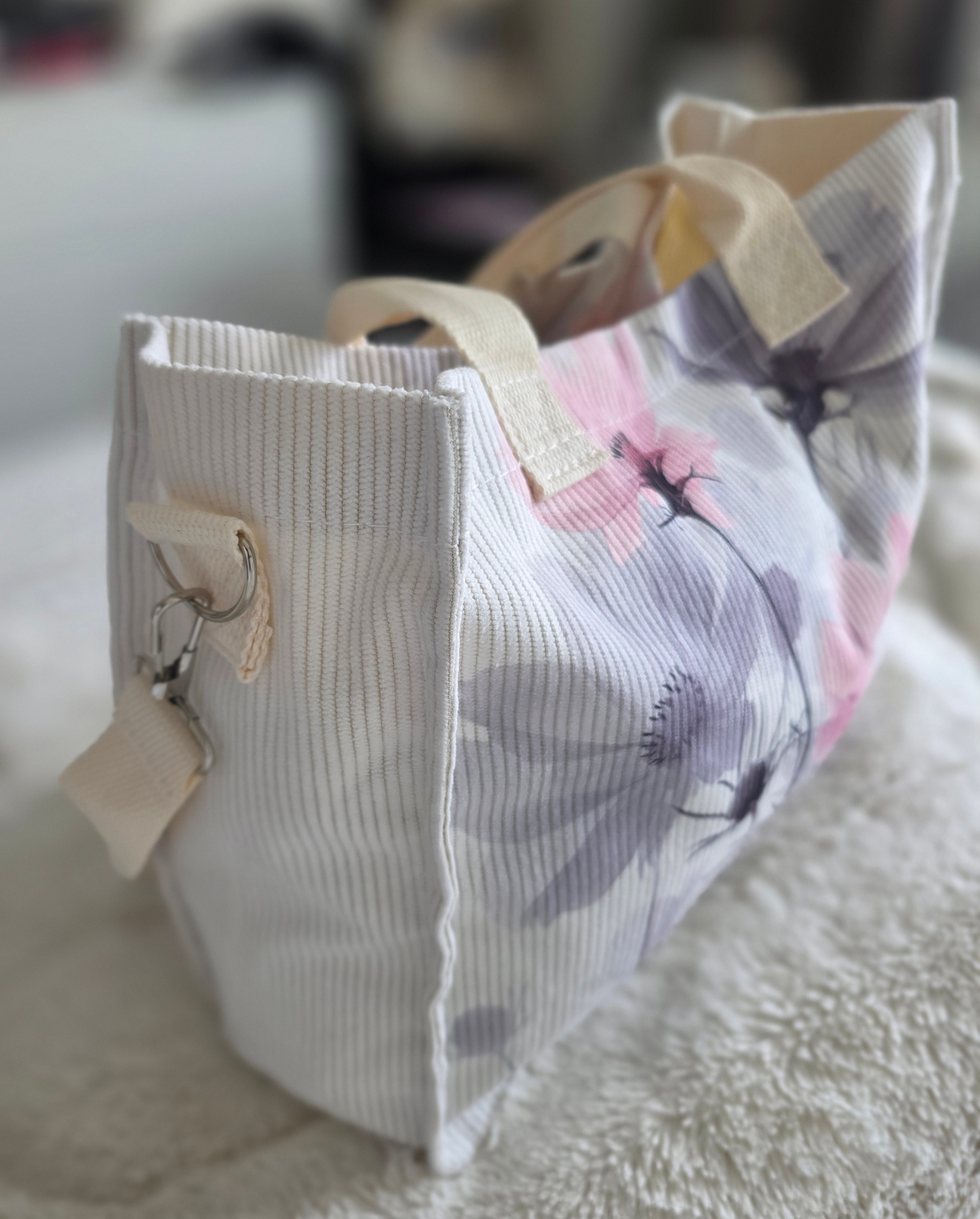 Ladies-Medium-Summer Style "Pink-Gray Floral" Corduroy Tote Bag - photo 4