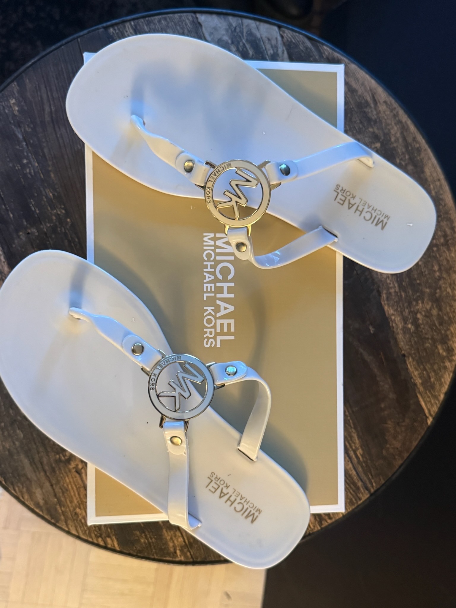 Michael Kors White Thong Sandals with Gold MK Logo
