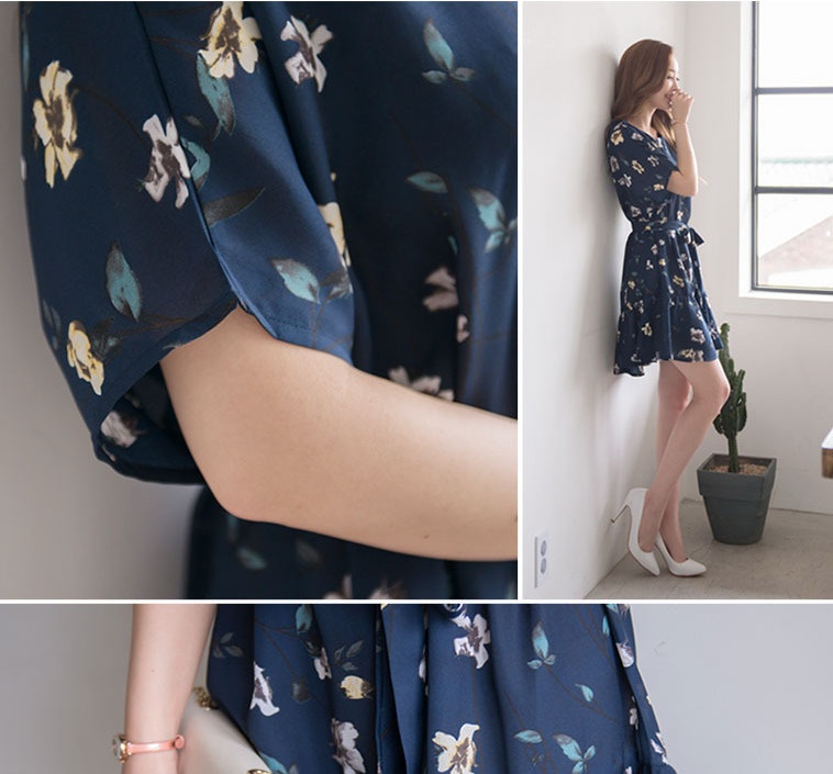 Navy Floral Print Short Sleeve Dress - photo 4