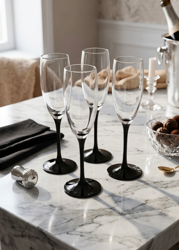 Set of 4 Champagne Flutes with Black Stems