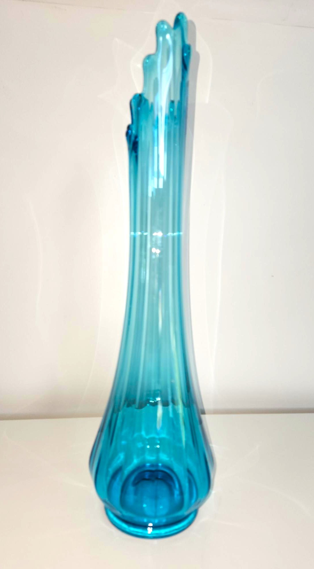 MCM Peacock Blue Swung Glass Vase Fat Bottom Ribbed 18.5" - photo 2