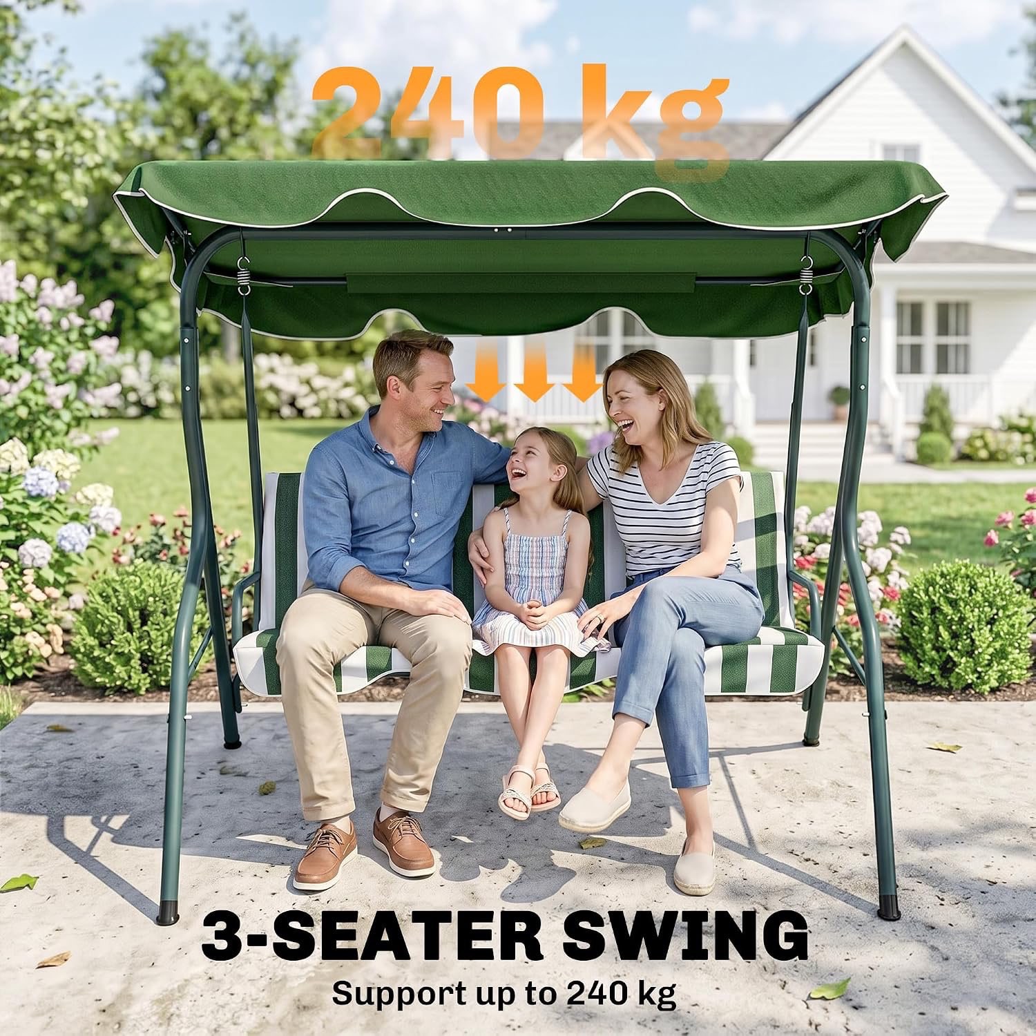 3-Seat Green/White Outdoor Swing Adjustable Canopy and Cushion - photo 4