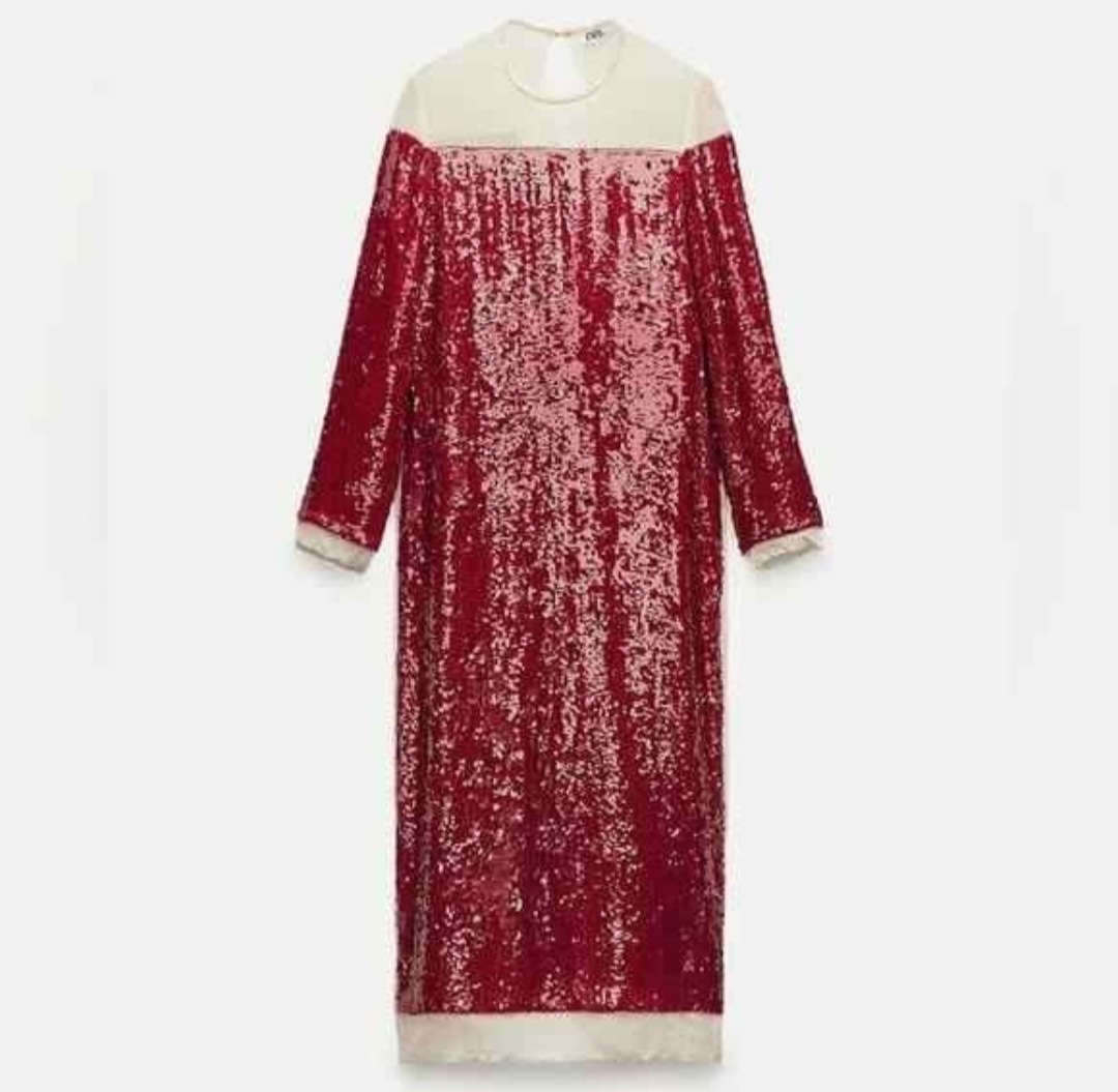 Zara ZW Collection Sequinned Chiffon Dress in Red - photo 3