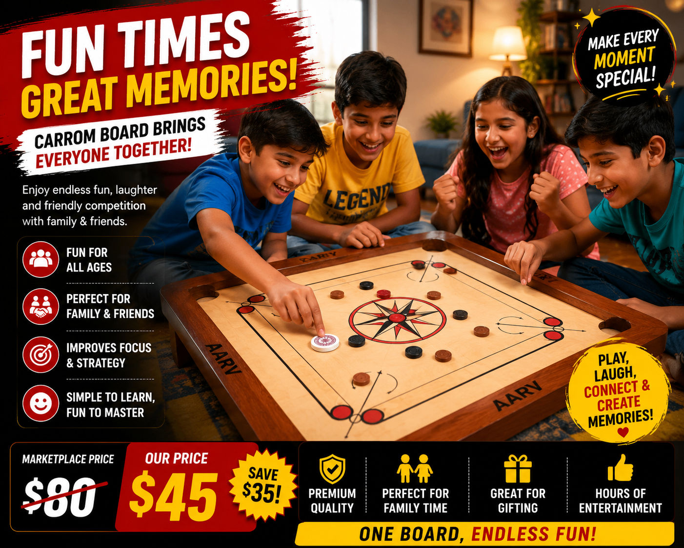 Premium Wooden Carrom Board with Coins | Family Game |