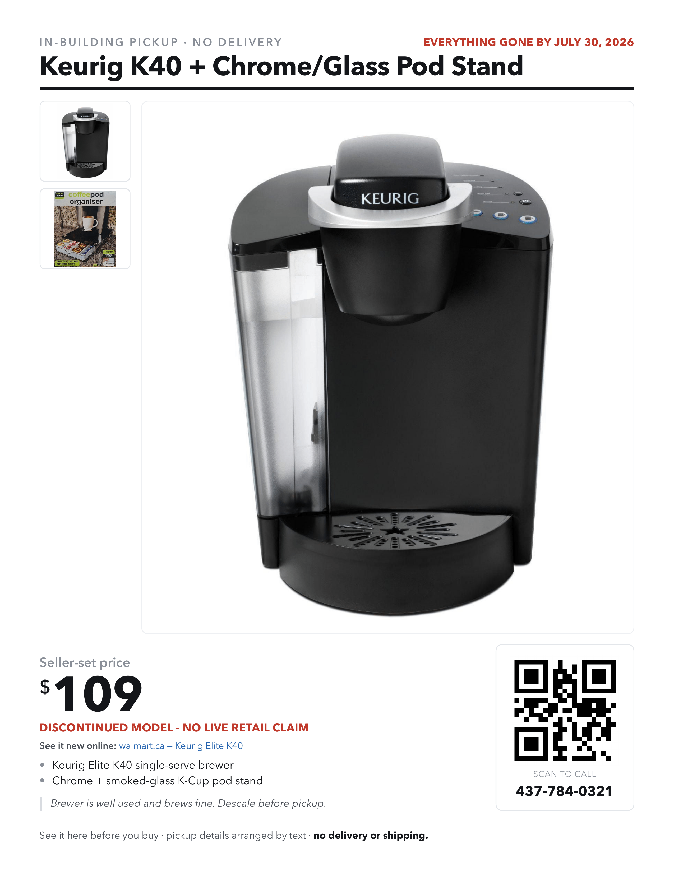 Keurig K40 Brewer + Chrome/Glass K-Cup Pod Stand