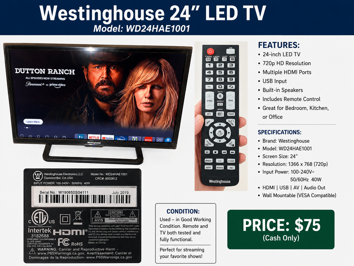 Westinghouse 24" LED TV - Model WD24HAE1001